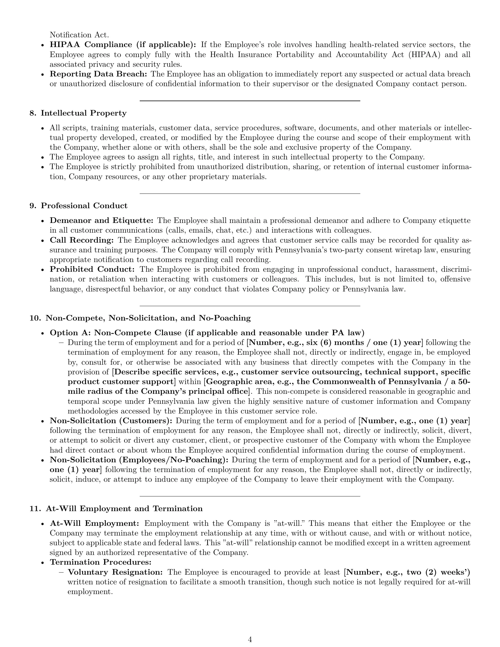 Preview page 4 of Pro Pennsylvania customer service representative employment contract template