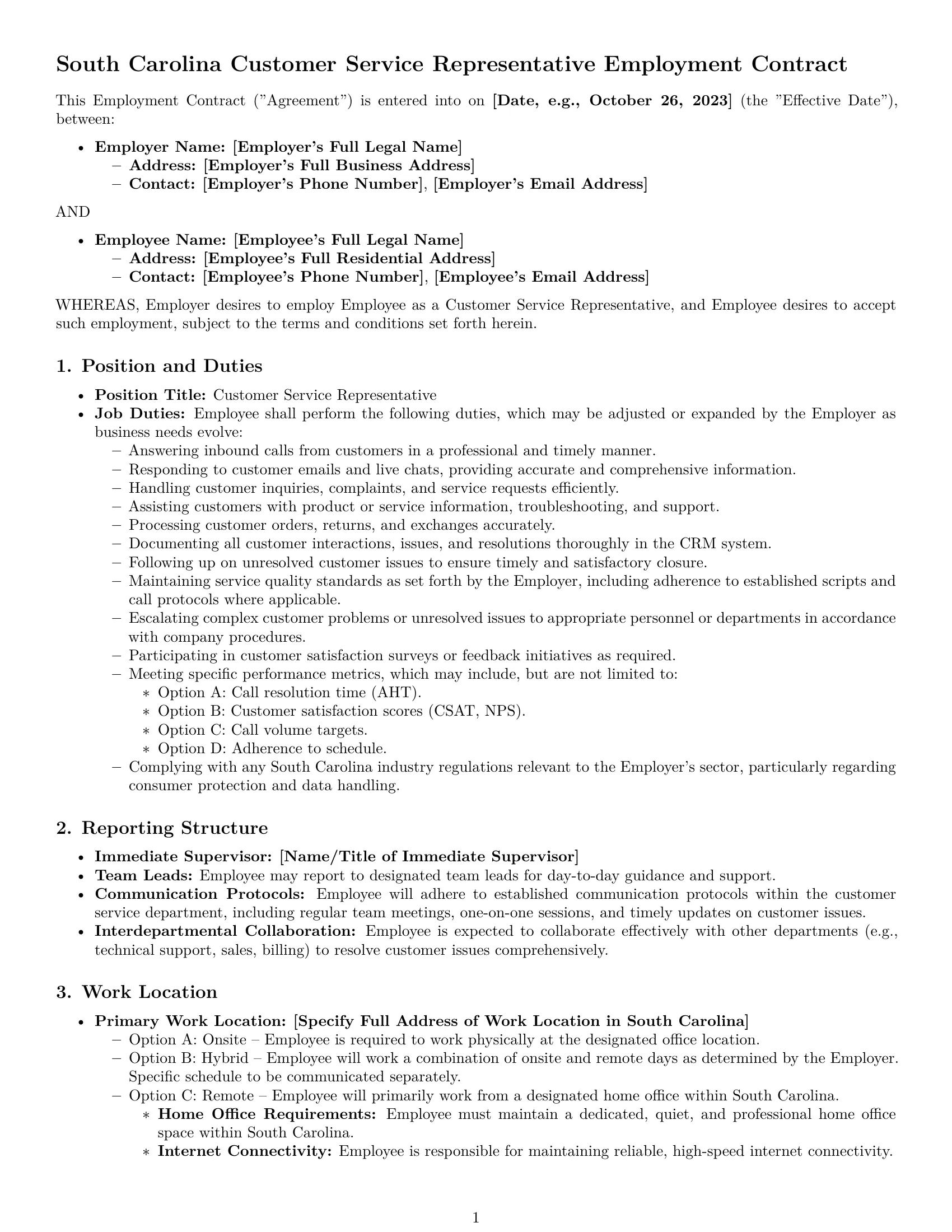 Preview page 1 of Pro South Carolina customer service representative employment contract template