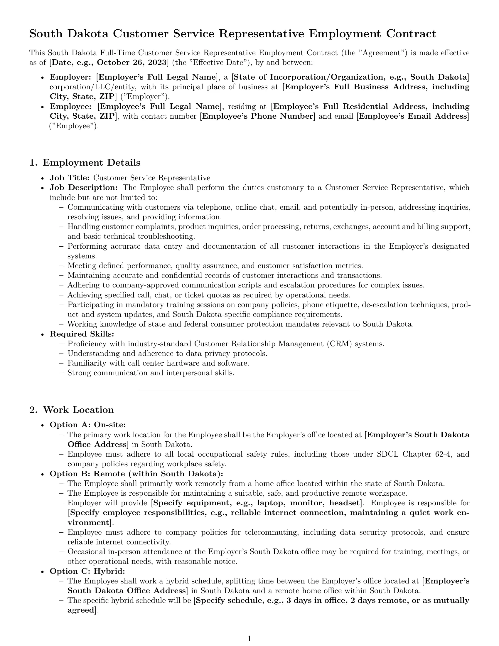 Preview page 1 of Pro South Dakota customer service representative employment contract template