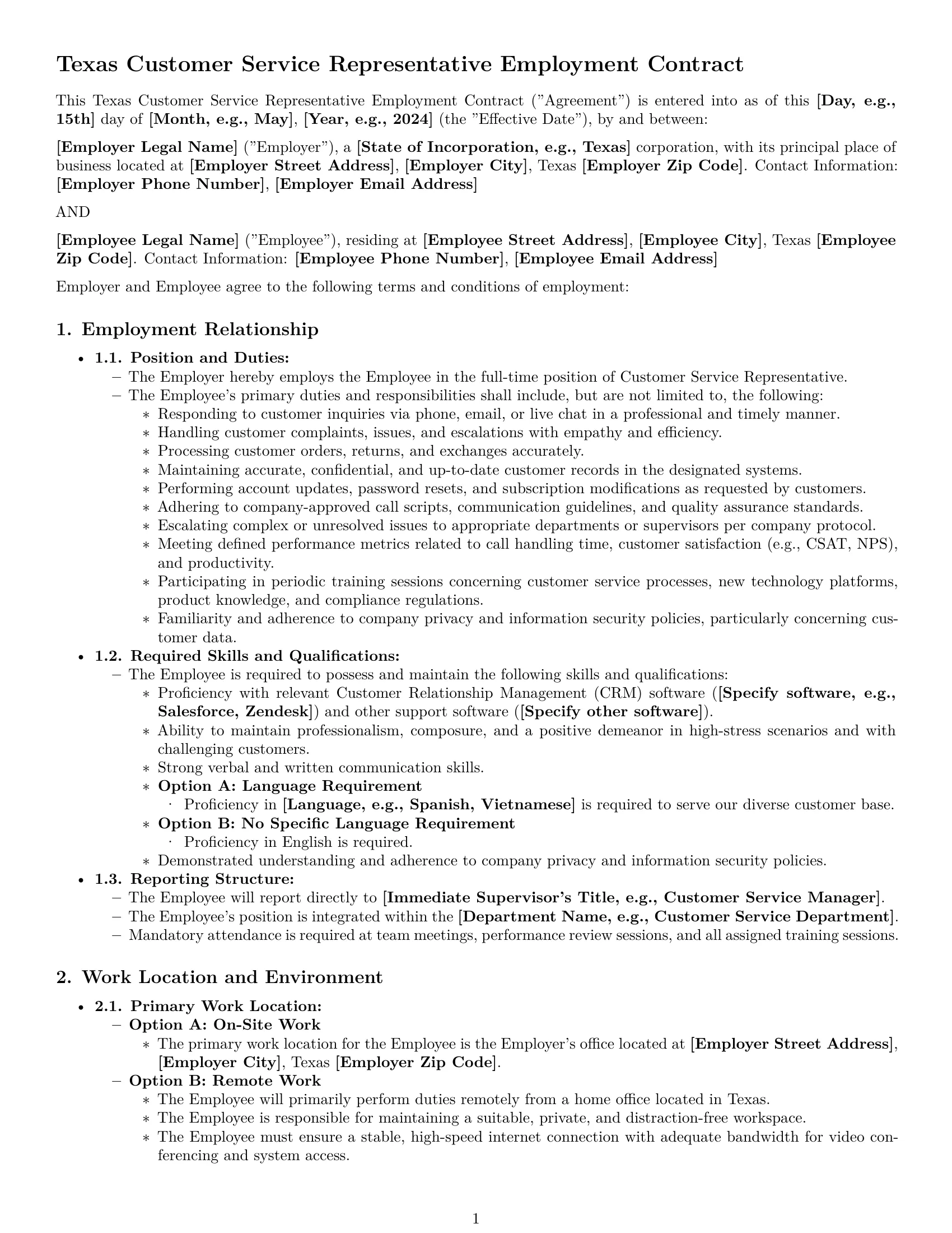 Preview page 1 of Pro Texas customer service representative employment contract template
