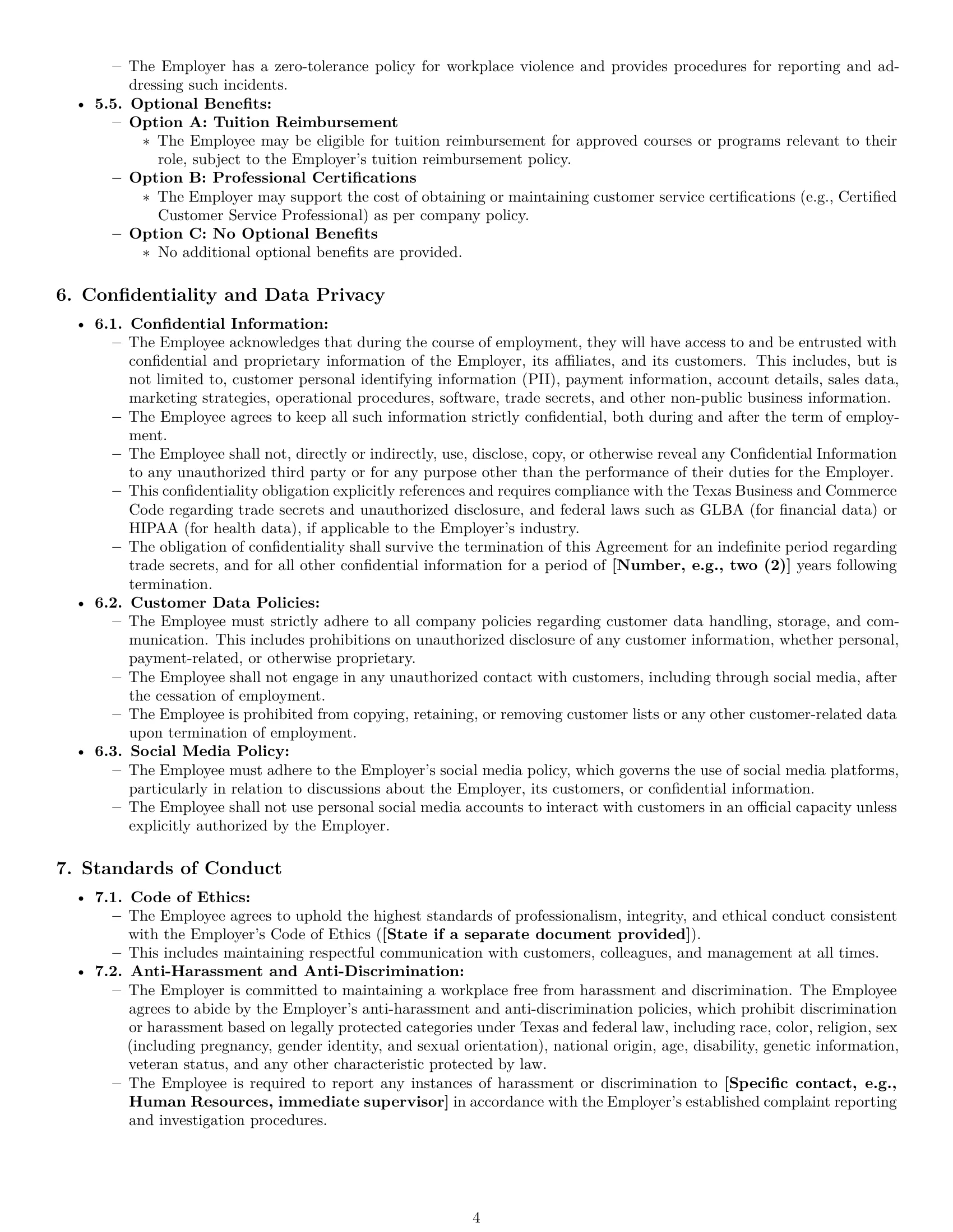 Preview page 4 of Pro Texas customer service representative employment contract template