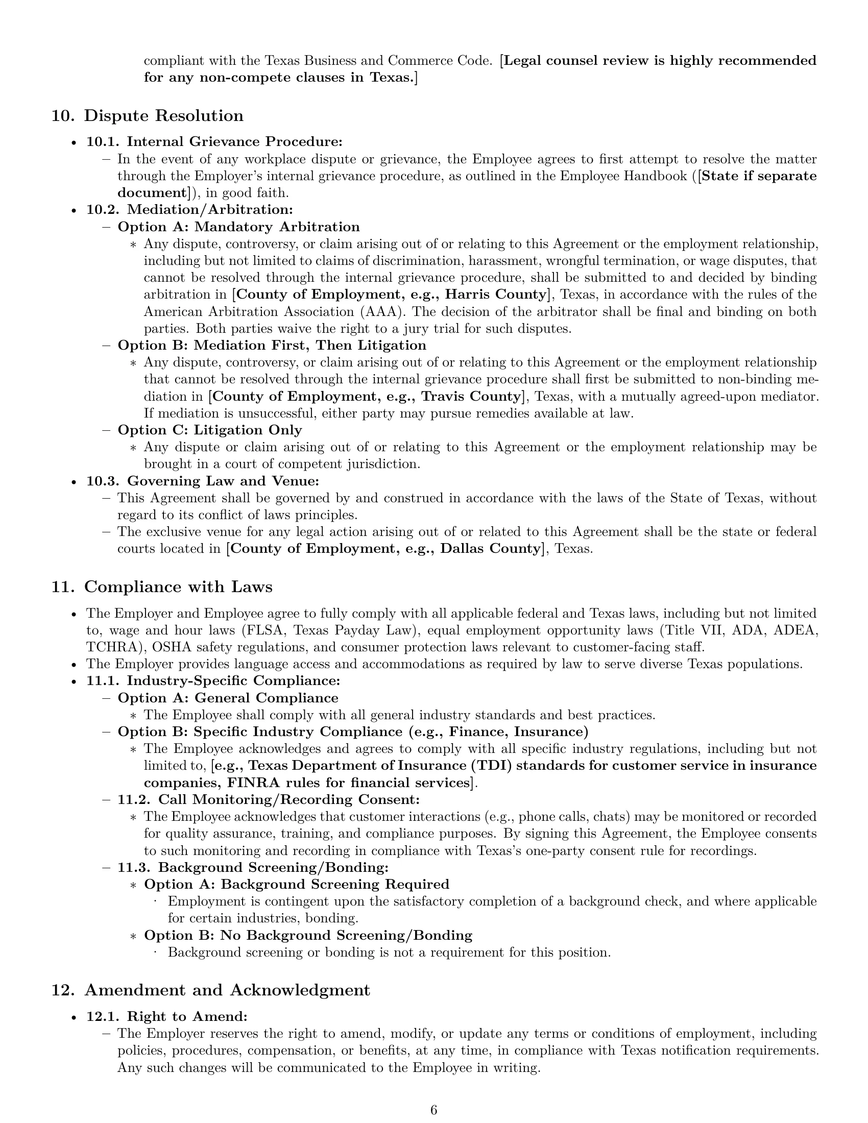 Preview page 6 of Pro Texas customer service representative employment contract template