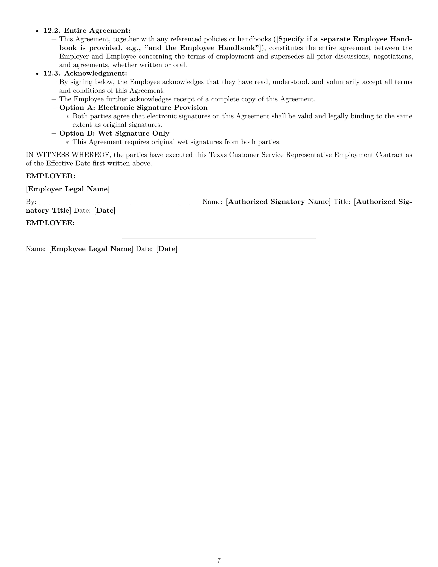 Preview page 7 of Pro Texas customer service representative employment contract template