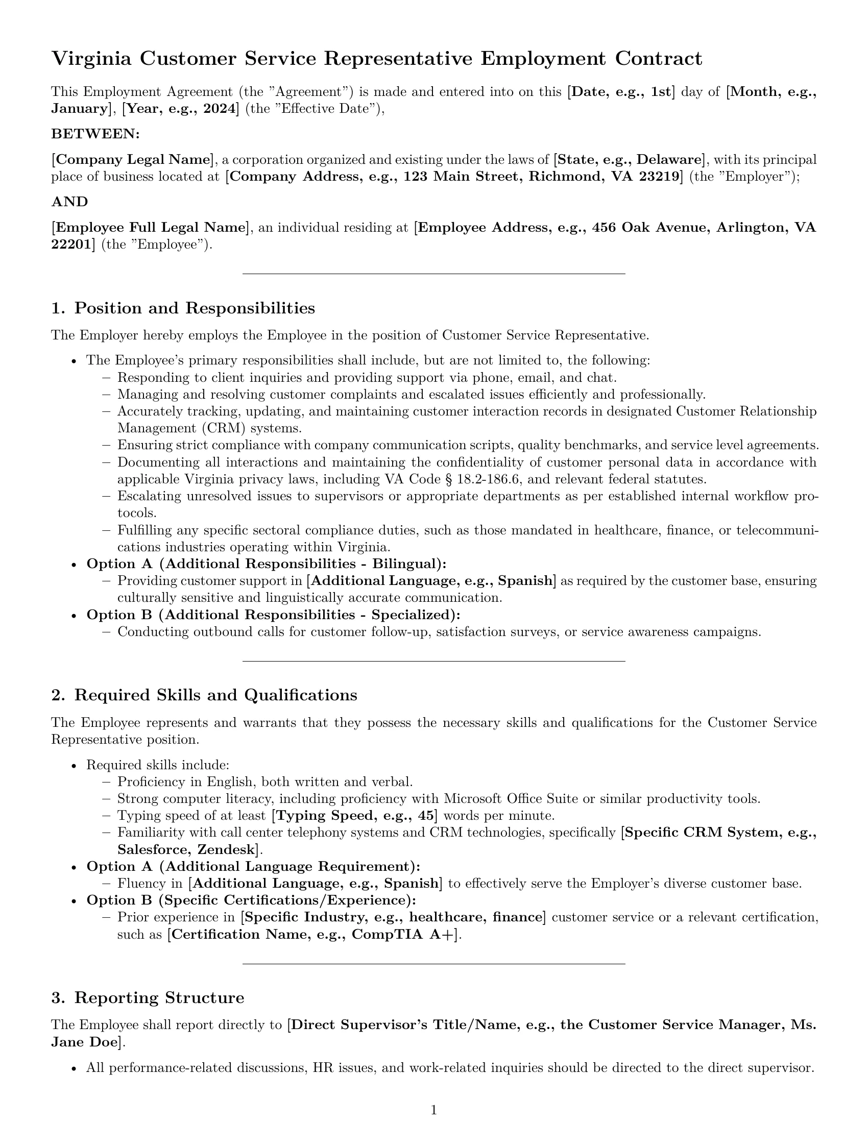 Preview page 1 of Pro Virginia customer service representative employment contract template