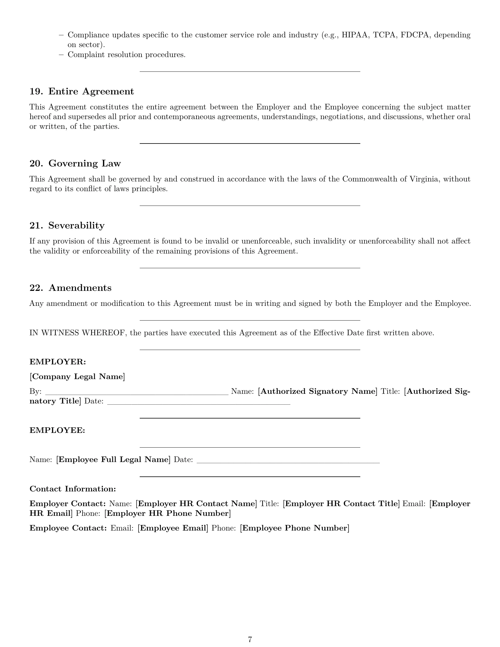 Preview page 7 of Pro Virginia customer service representative employment contract template