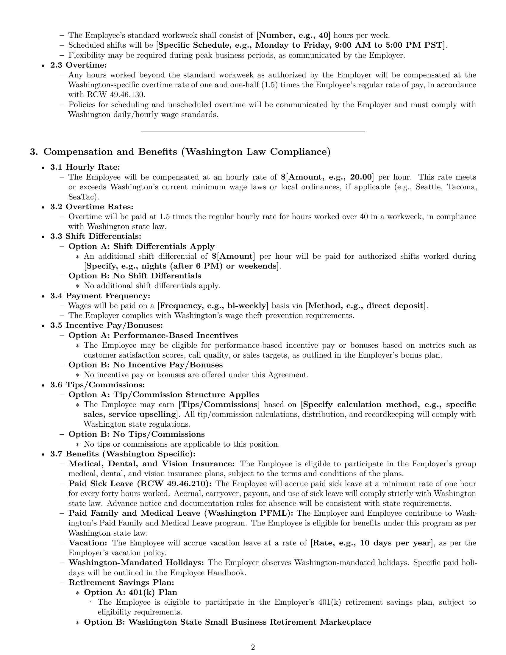 Preview page 2 of Pro Washington customer service representative employment contract template