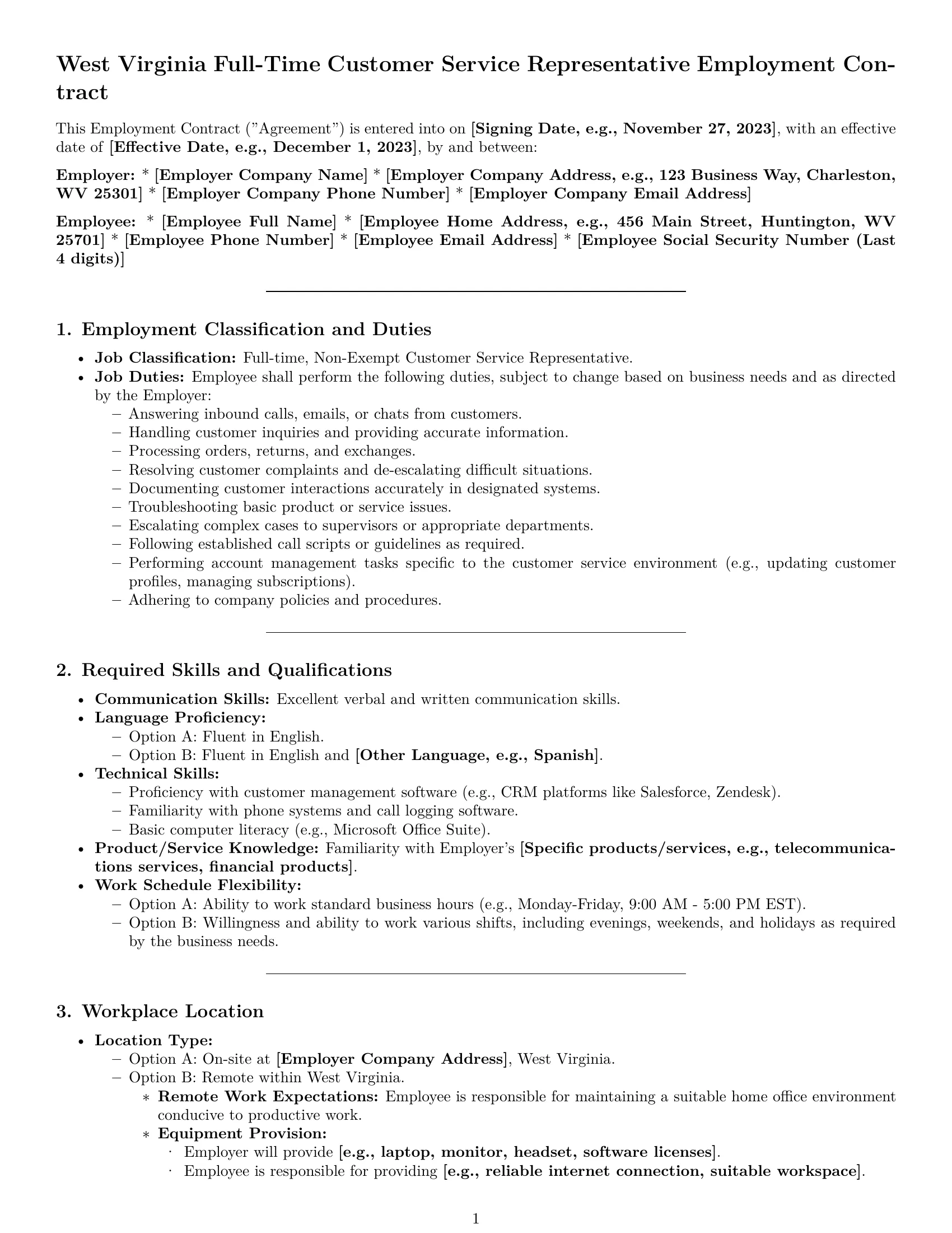 Preview page 1 of Pro West Virginia customer service representative employment contract template
