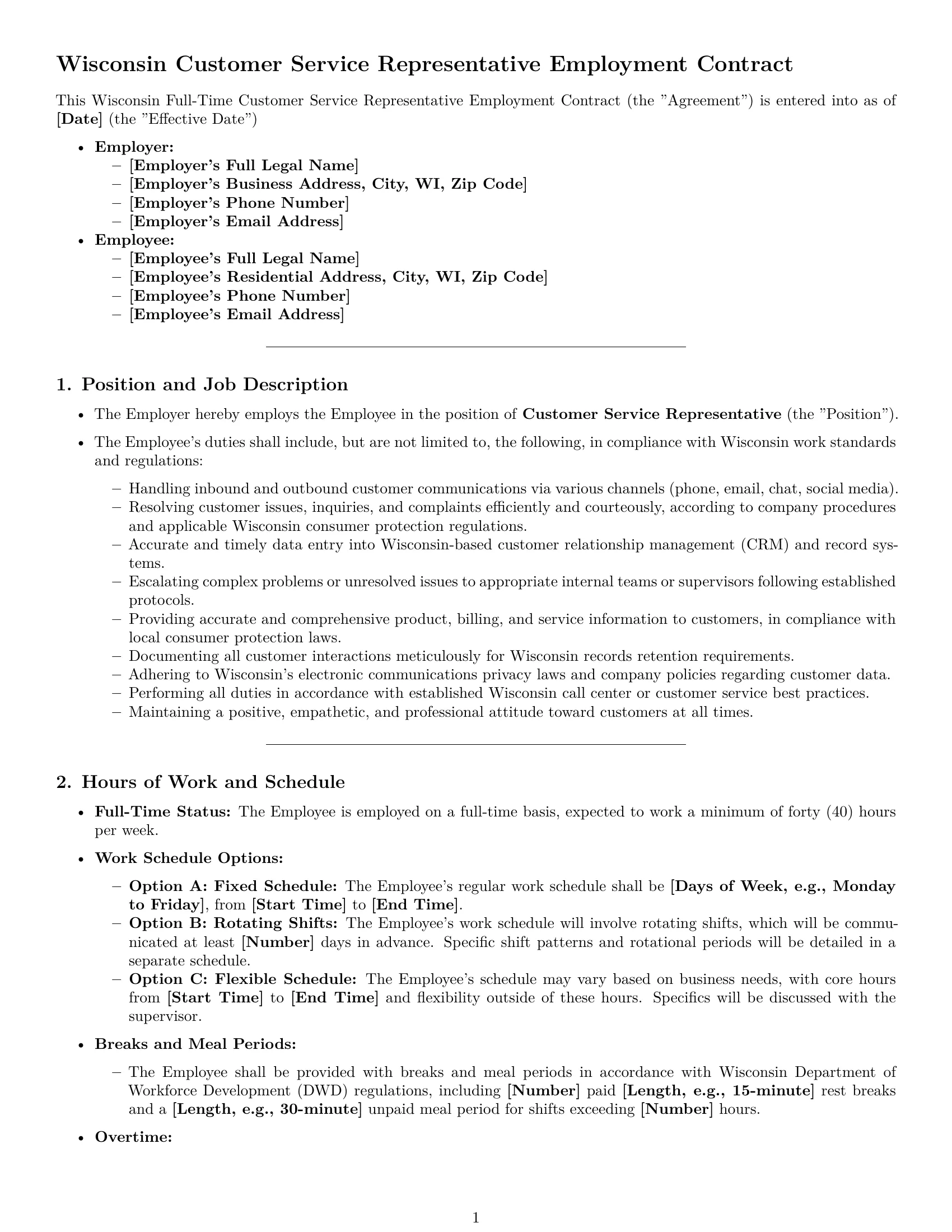 Preview page 1 of Pro Wisconsin customer service representative employment contract template