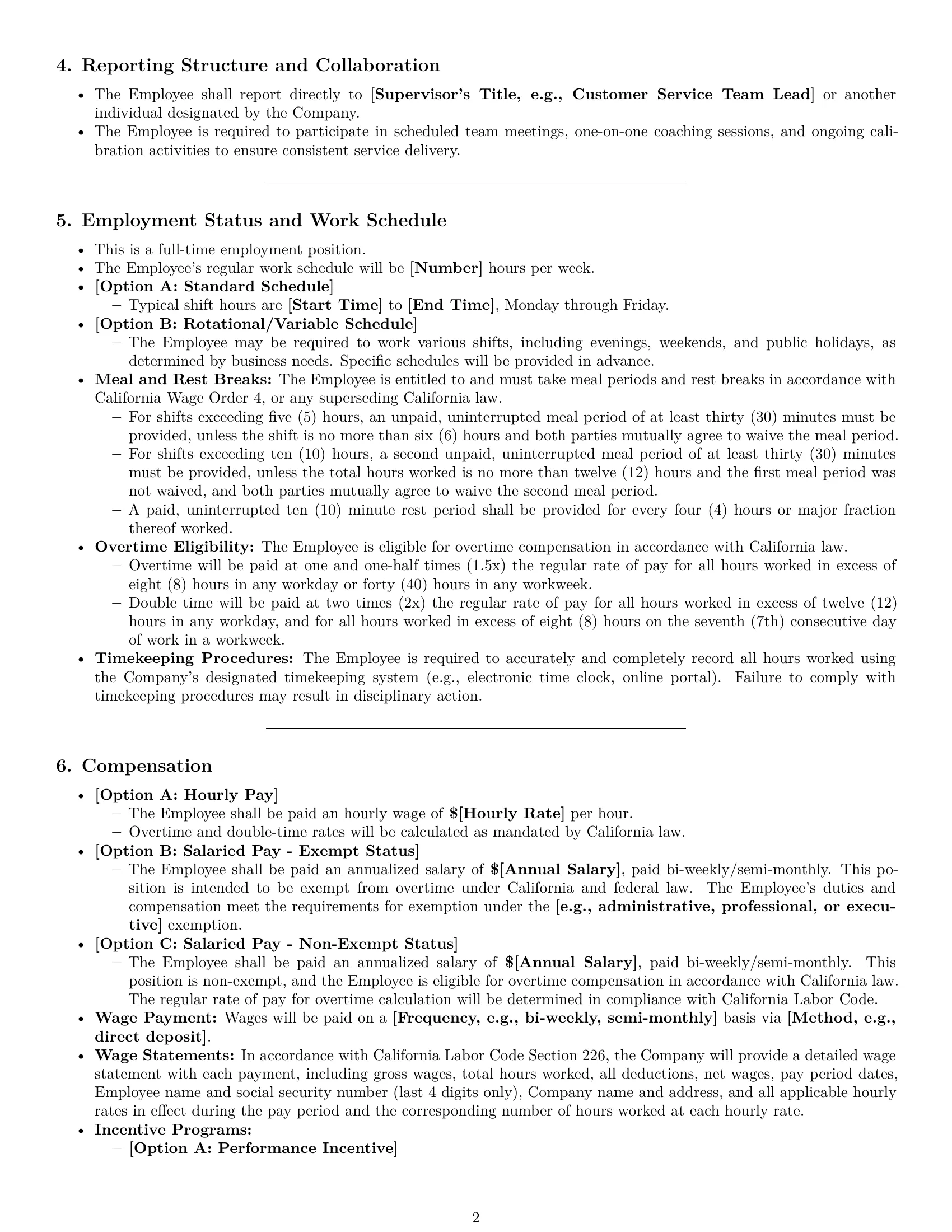Preview page 2 of Pro California customer service representative employment contract template