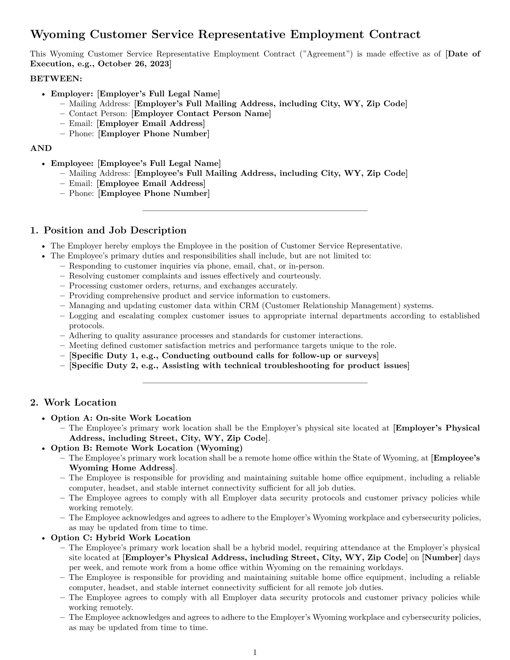 Preview page 1 of Pro Wyoming customer service representative employment contract template