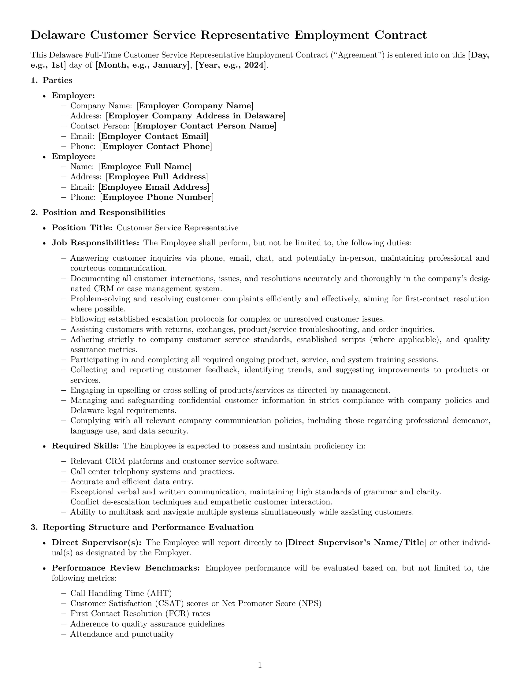 Preview page 1 of Pro Delaware customer service representative employment contract template
