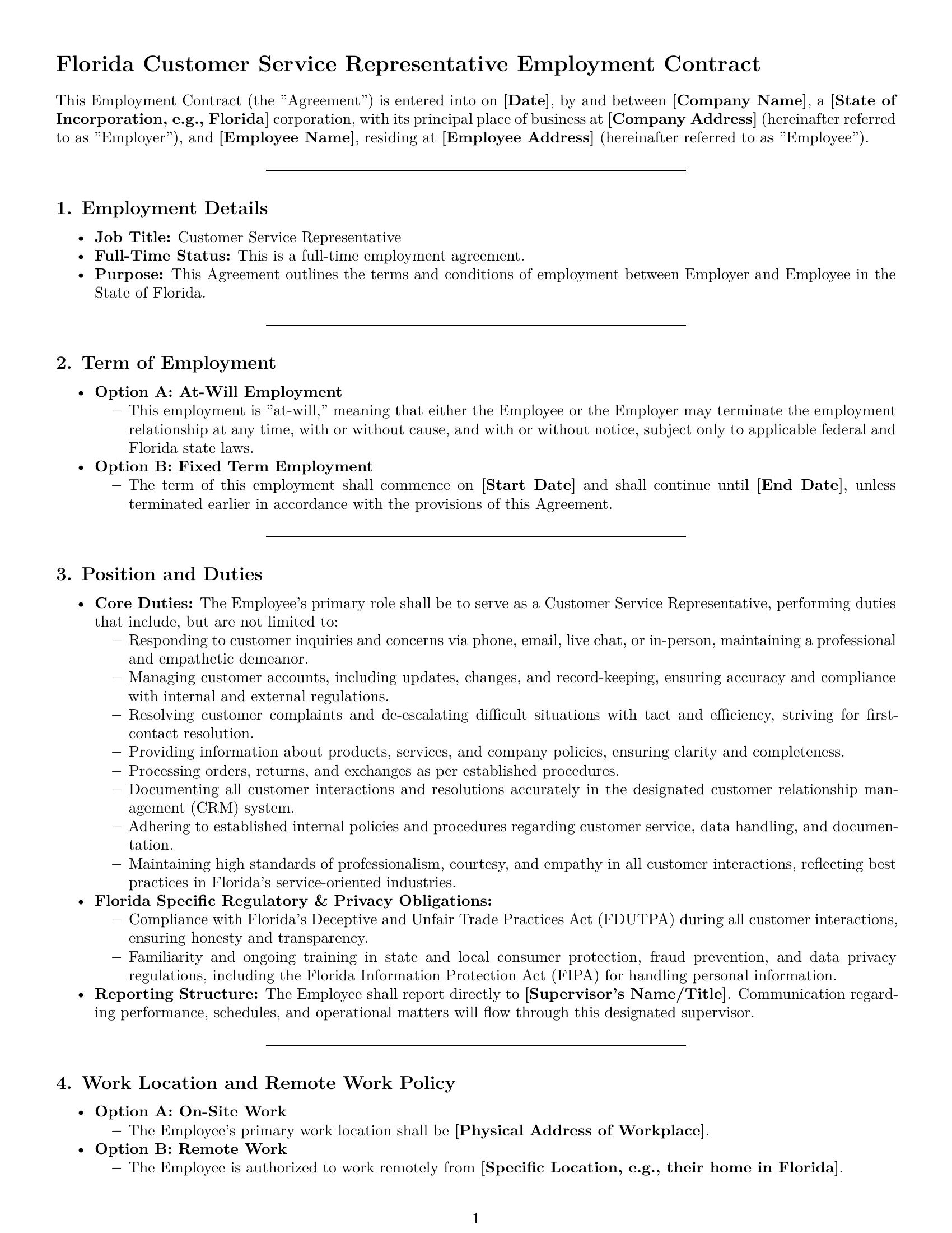 Preview page 1 of Pro Florida customer service representative employment contract template