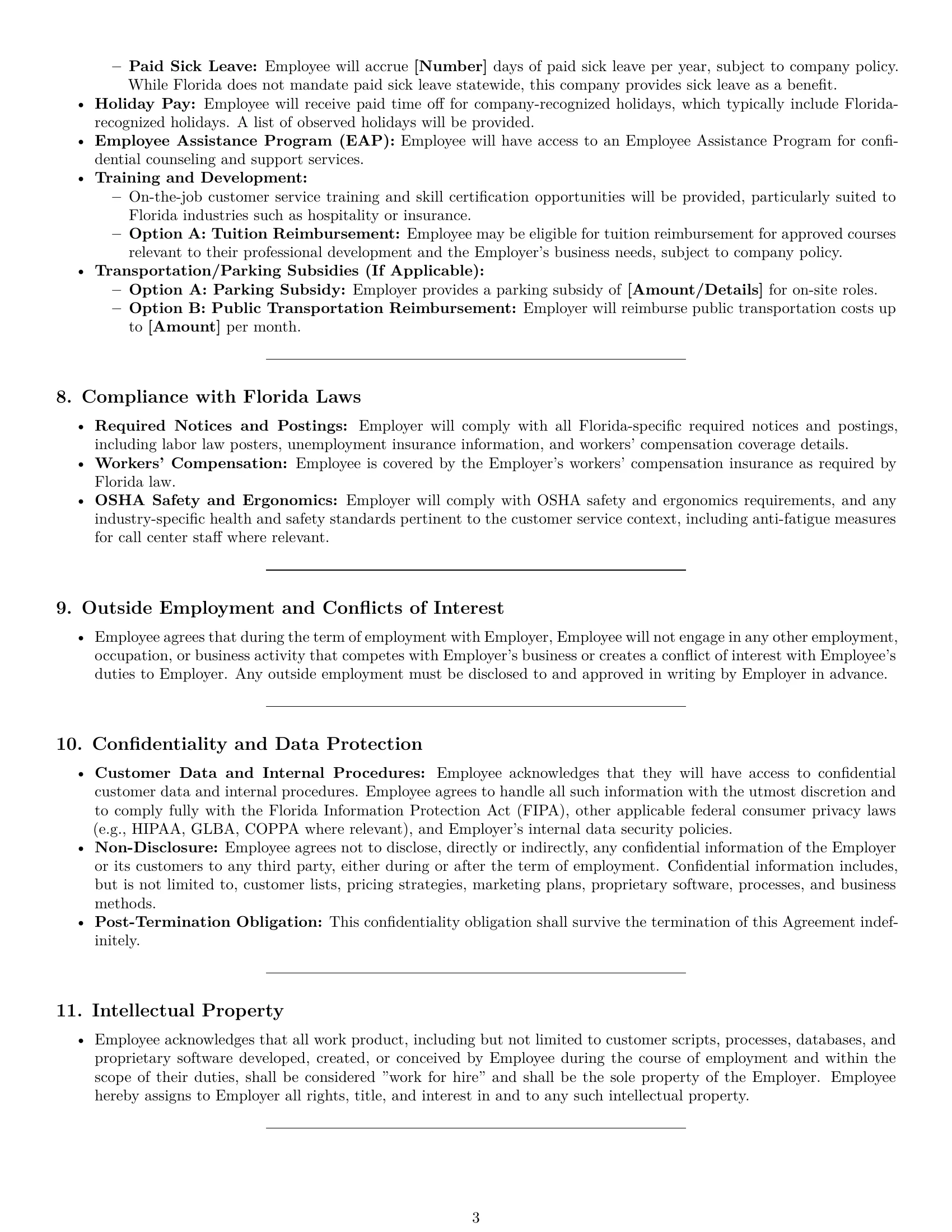 Preview page 3 of Pro Florida customer service representative employment contract template