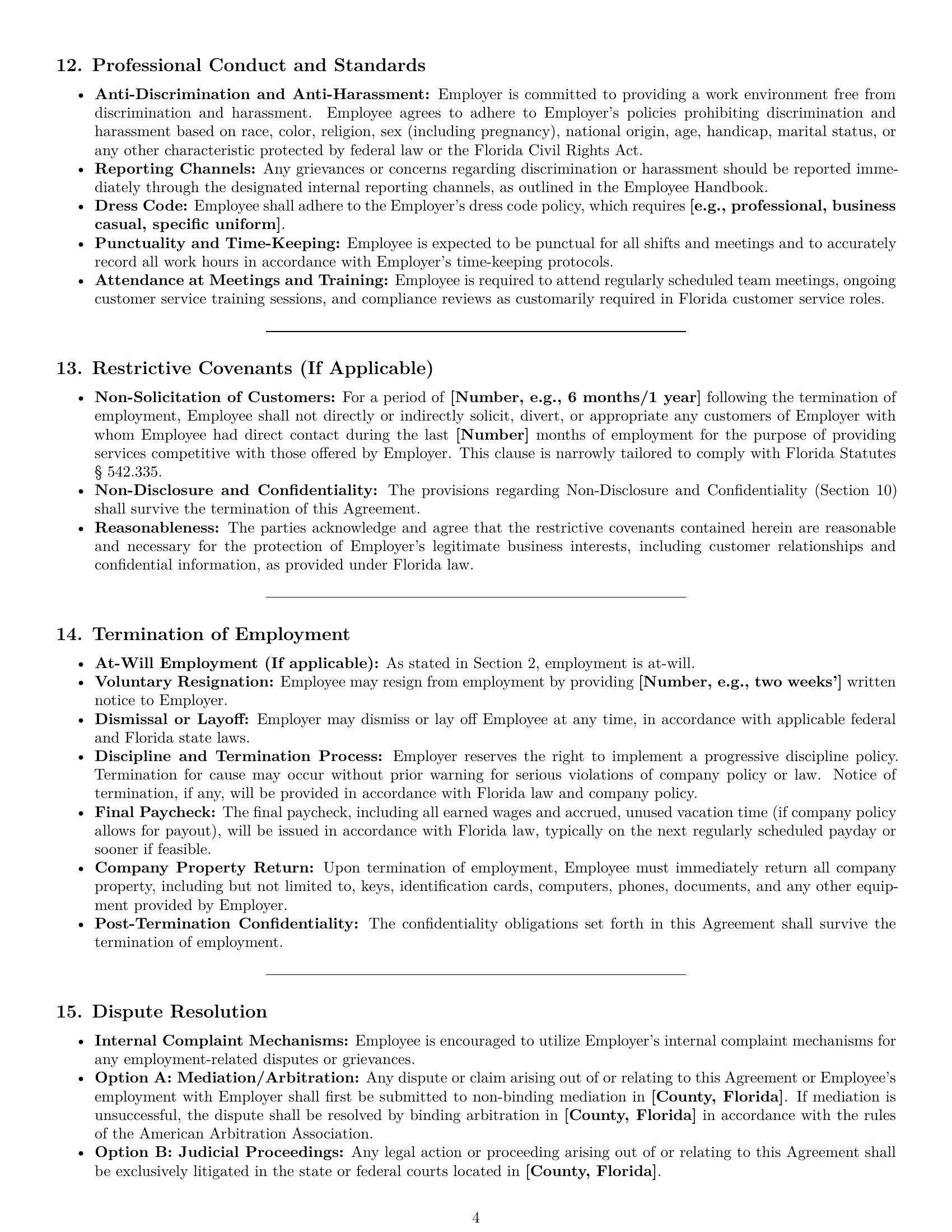 Preview page 4 of Pro Florida customer service representative employment contract template