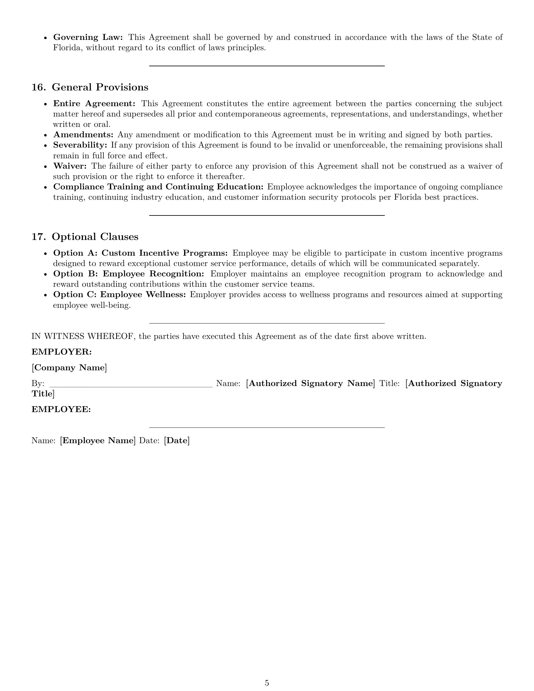 Preview page 5 of Pro Florida customer service representative employment contract template