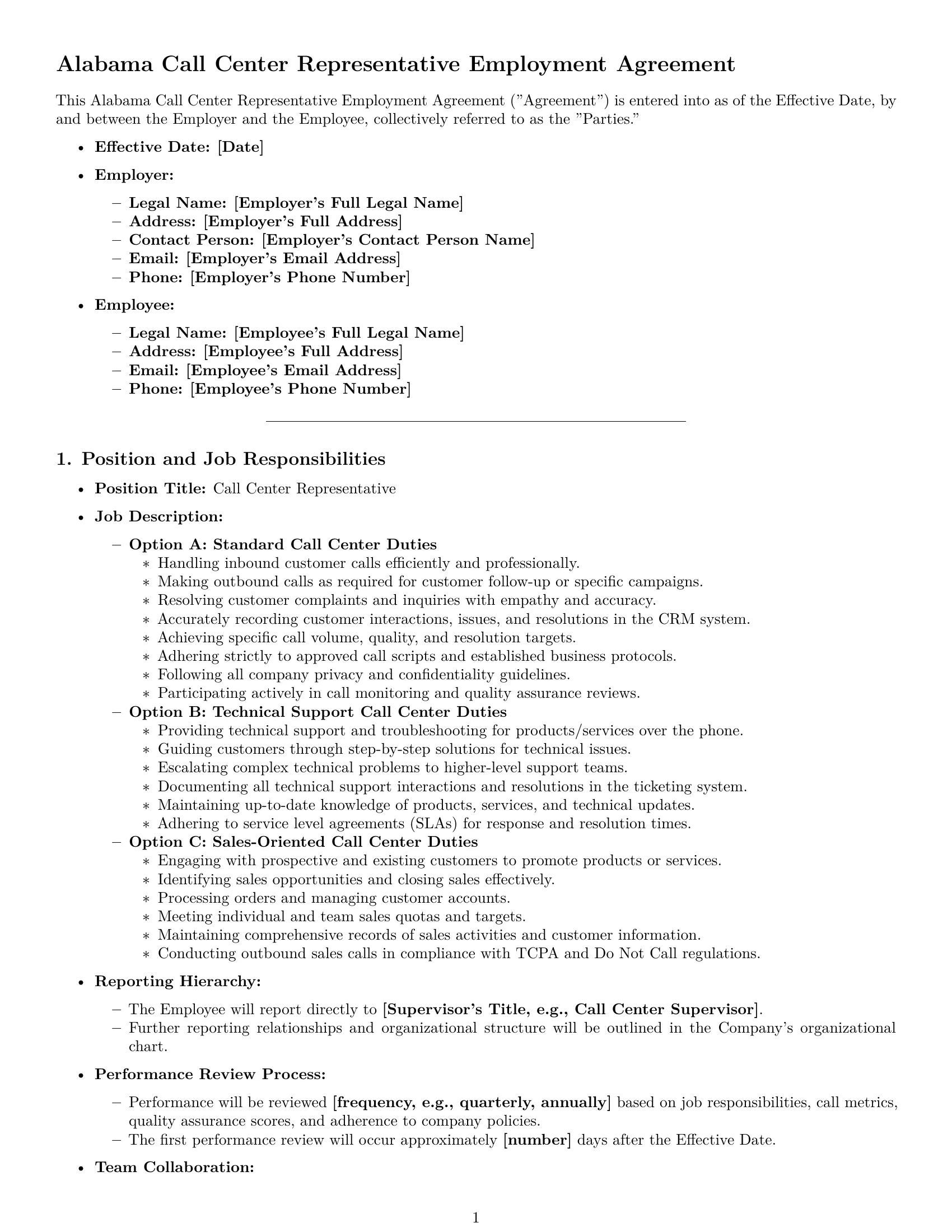 Preview page 1 of Pro Alabama call center representative employment contract template