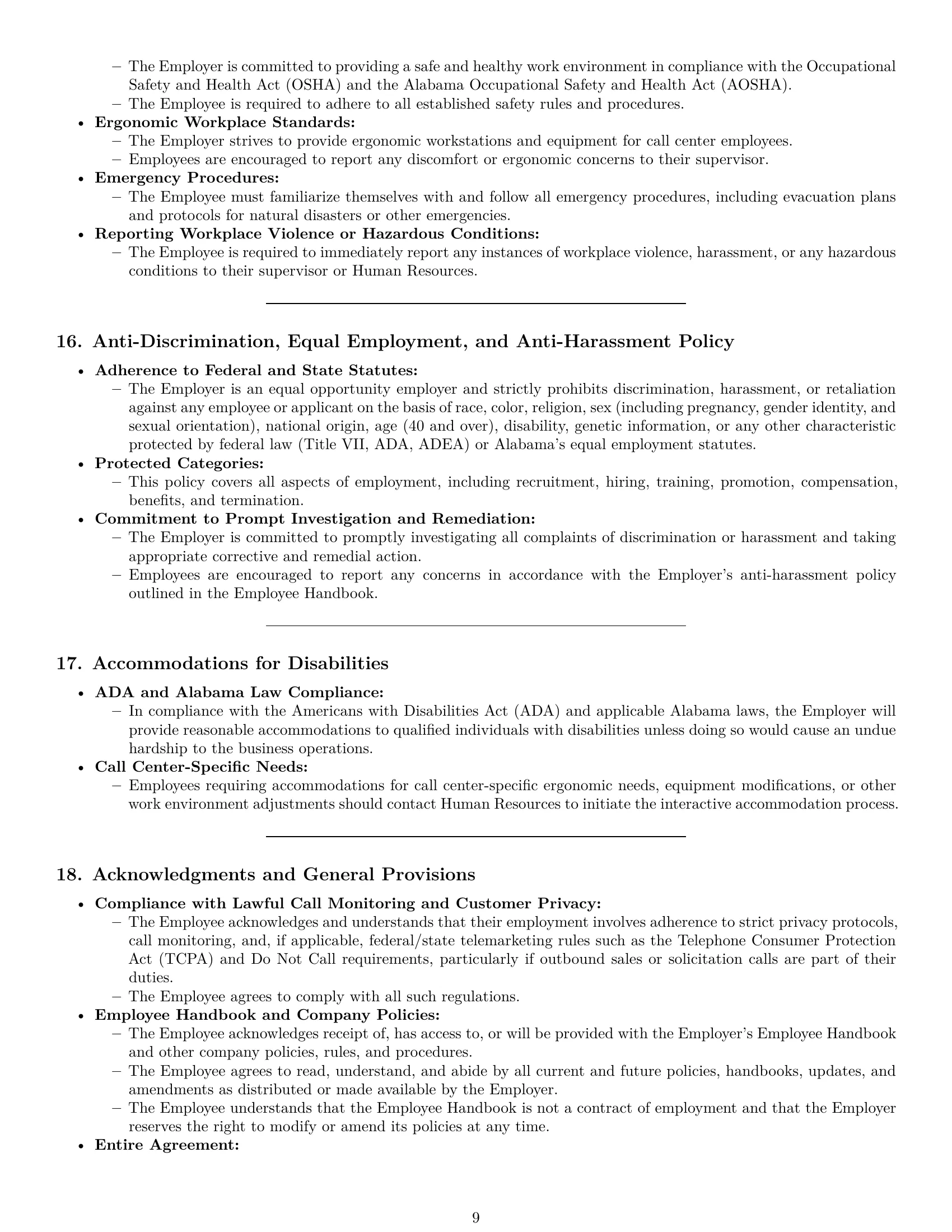 Preview page 9 of Pro Alabama call center representative employment contract template