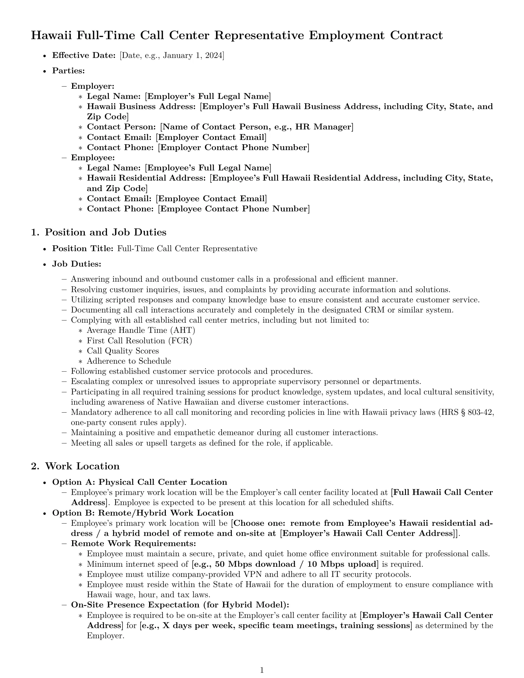Preview page 1 of Pro Hawaii call center representative employment contract template