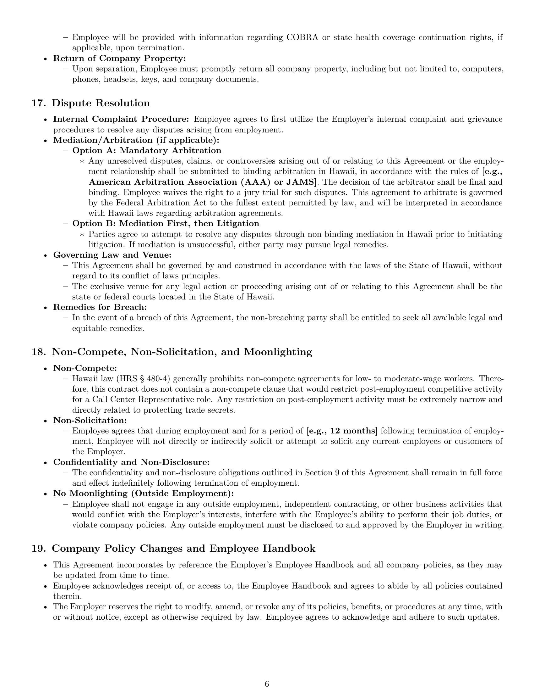 Preview page 6 of Pro Hawaii call center representative employment contract template