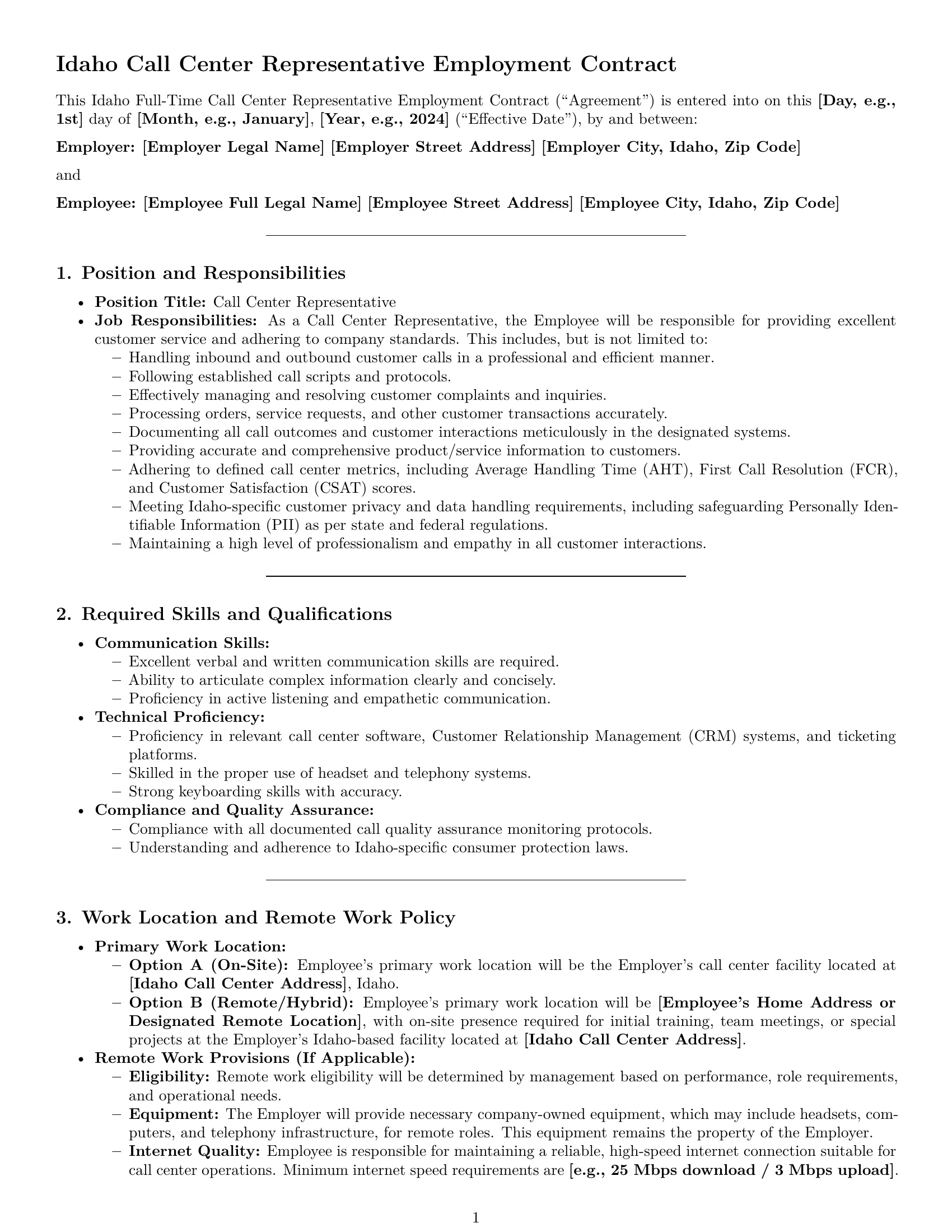 Preview page 1 of Pro Idaho call center representative employment contract template