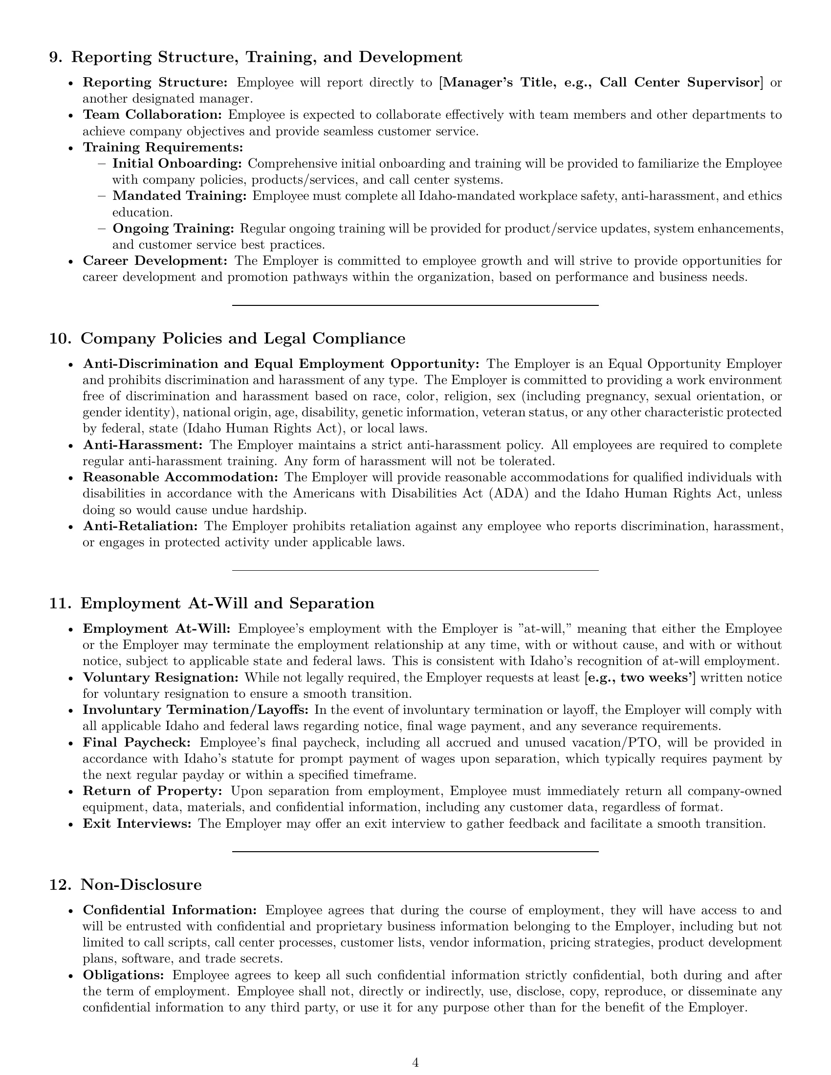 Preview page 4 of Pro Idaho call center representative employment contract template