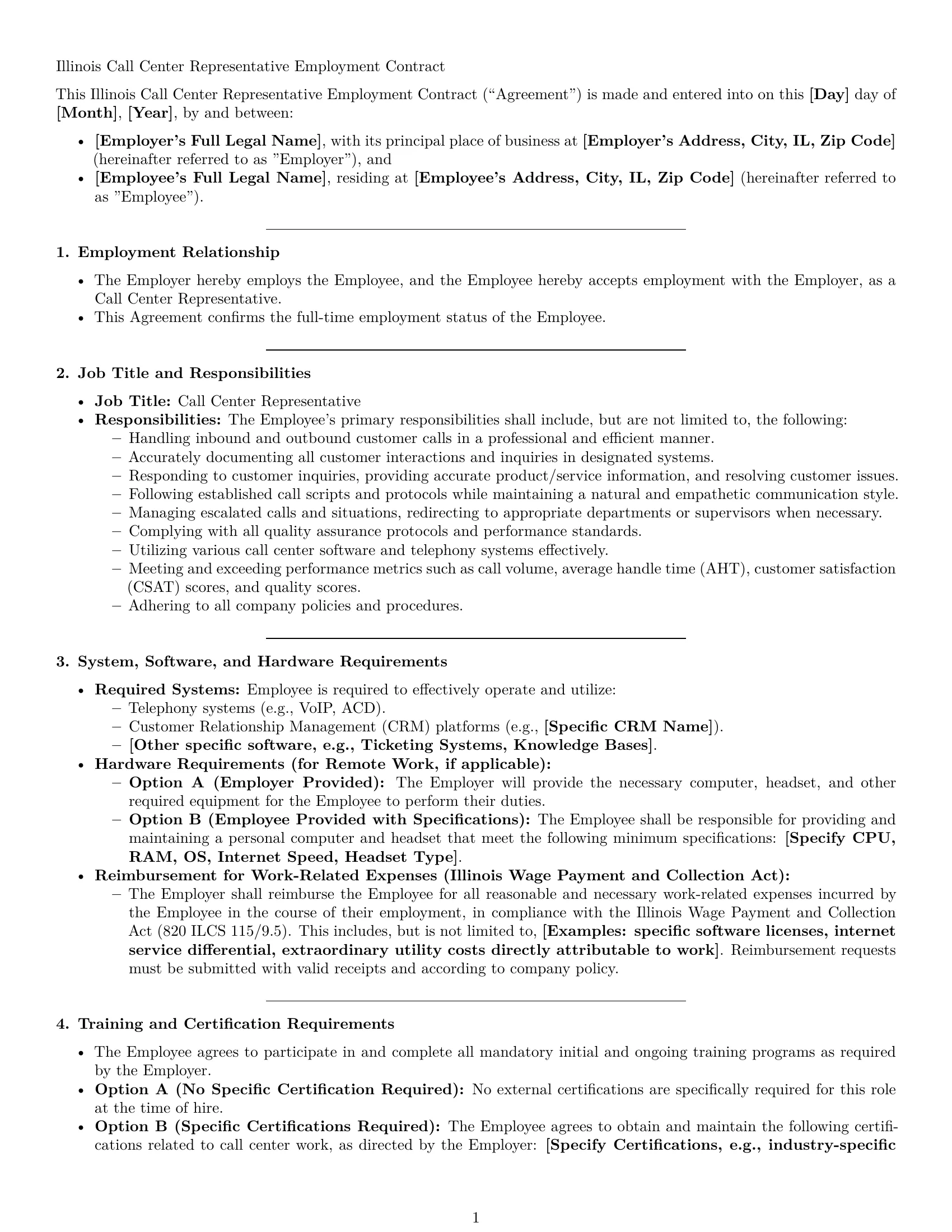 Preview page 1 of Pro Illinois call center representative employment contract template