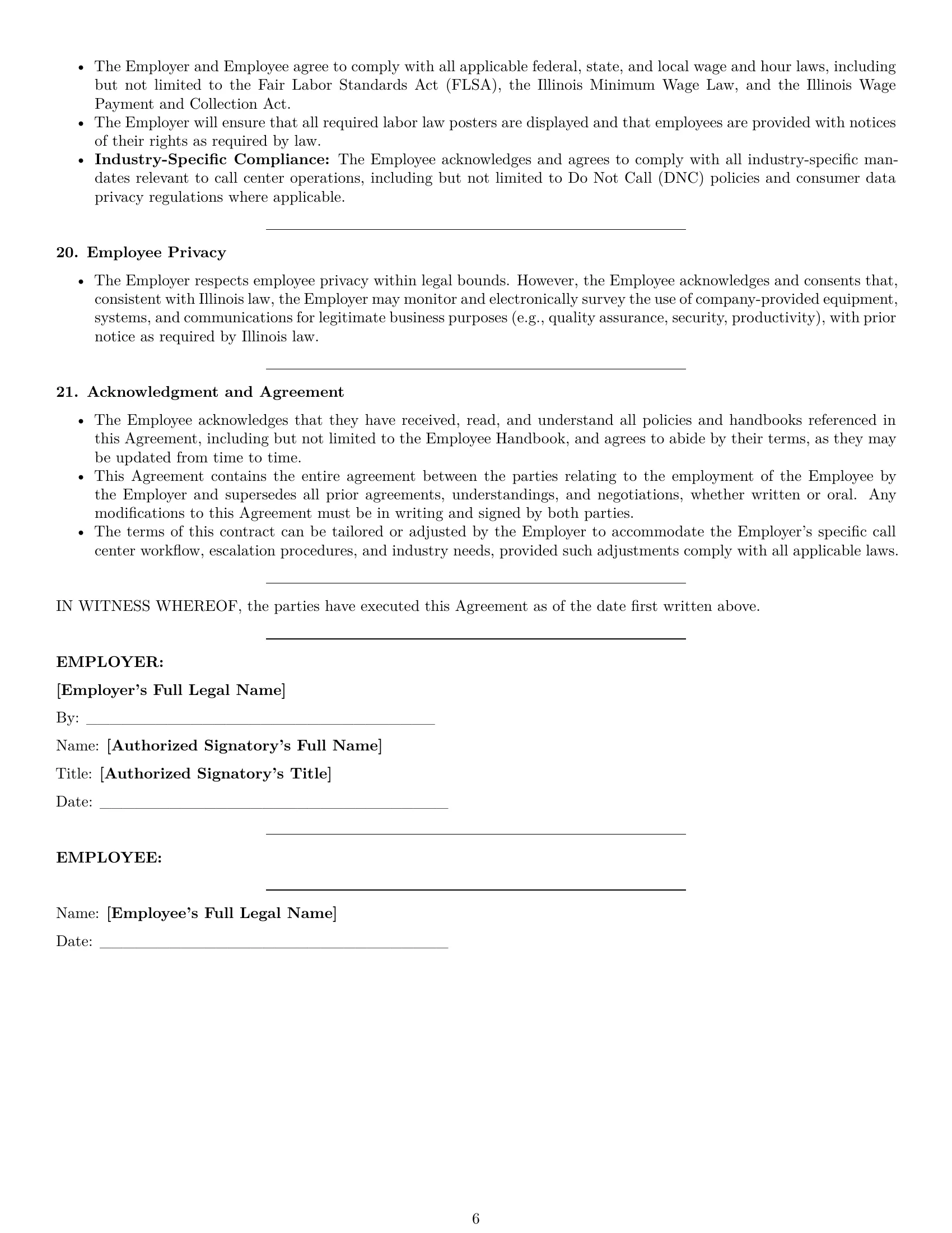 Preview page 6 of Pro Illinois call center representative employment contract template