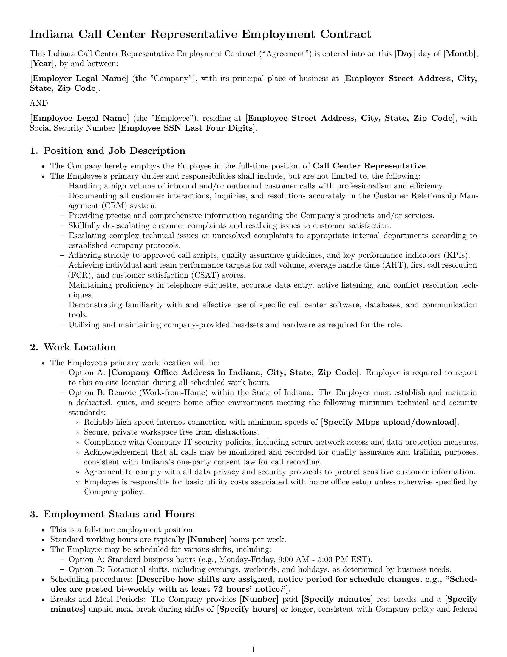 Preview page 1 of Pro Indiana call center representative employment contract template