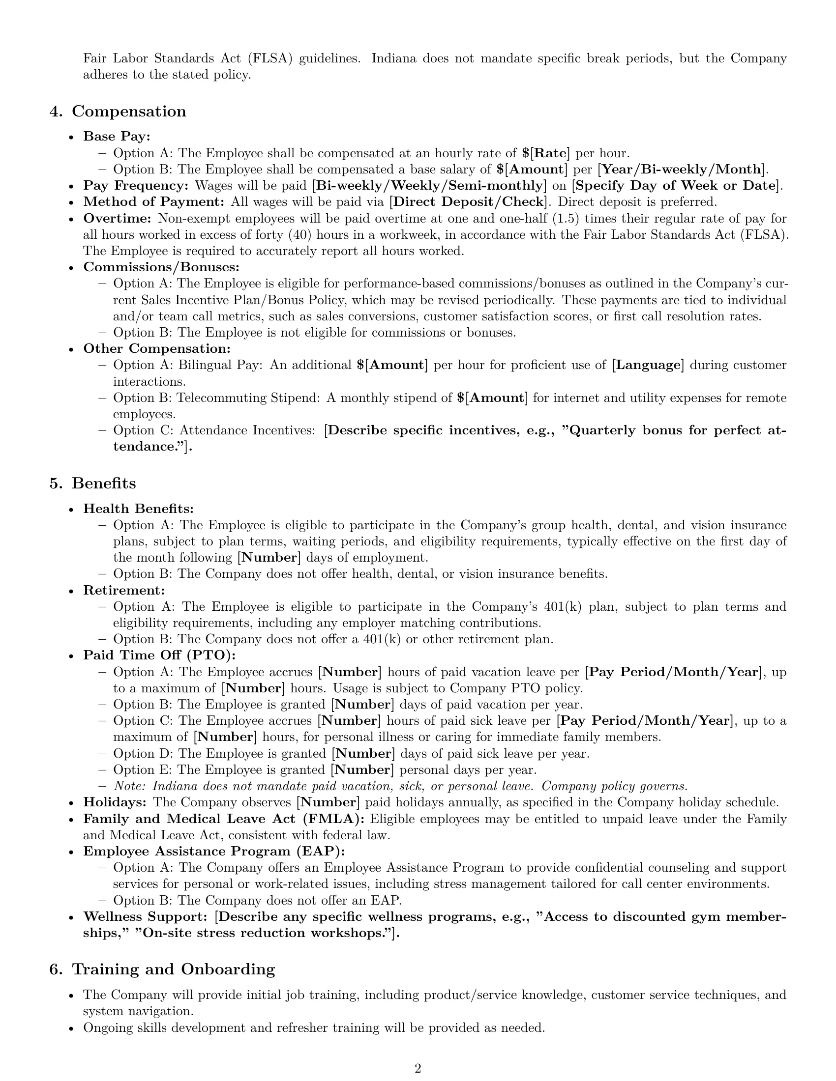 Preview page 2 of Pro Indiana call center representative employment contract template