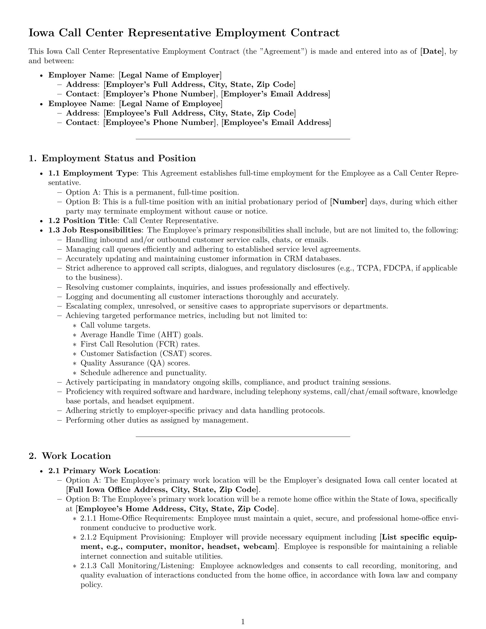 Preview page 1 of Pro Iowa call center representative employment contract template