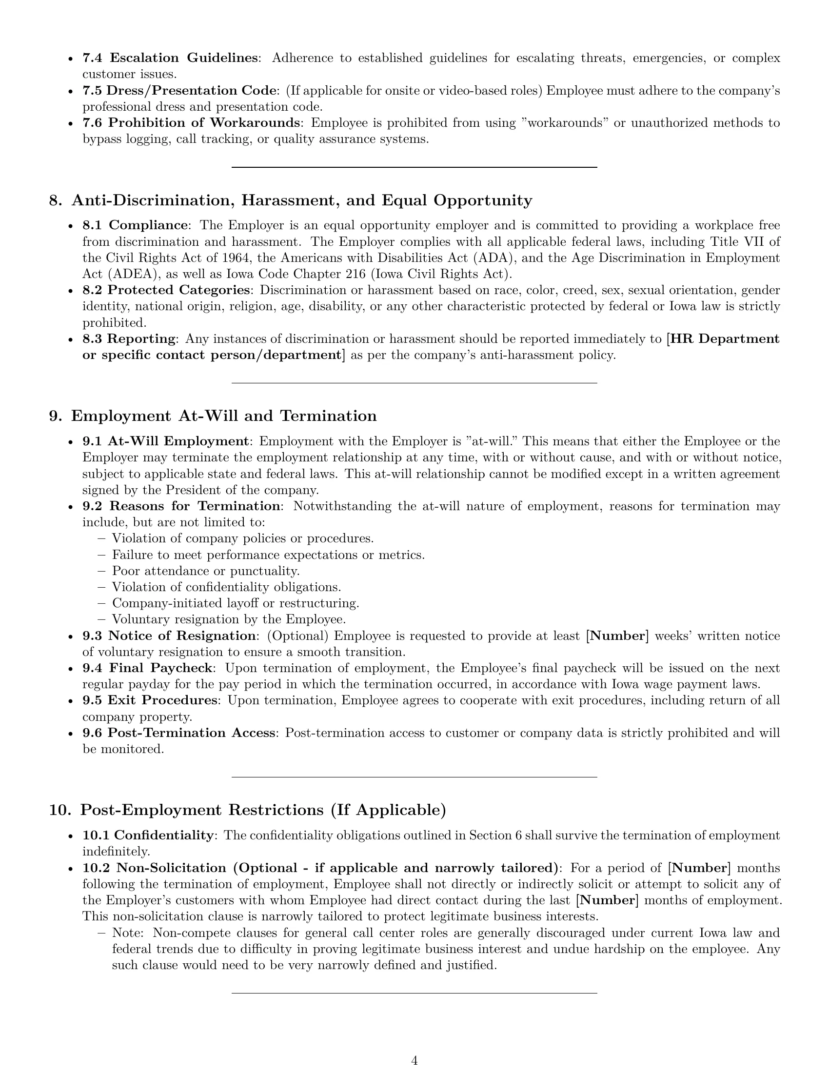 Preview page 4 of Pro Iowa call center representative employment contract template