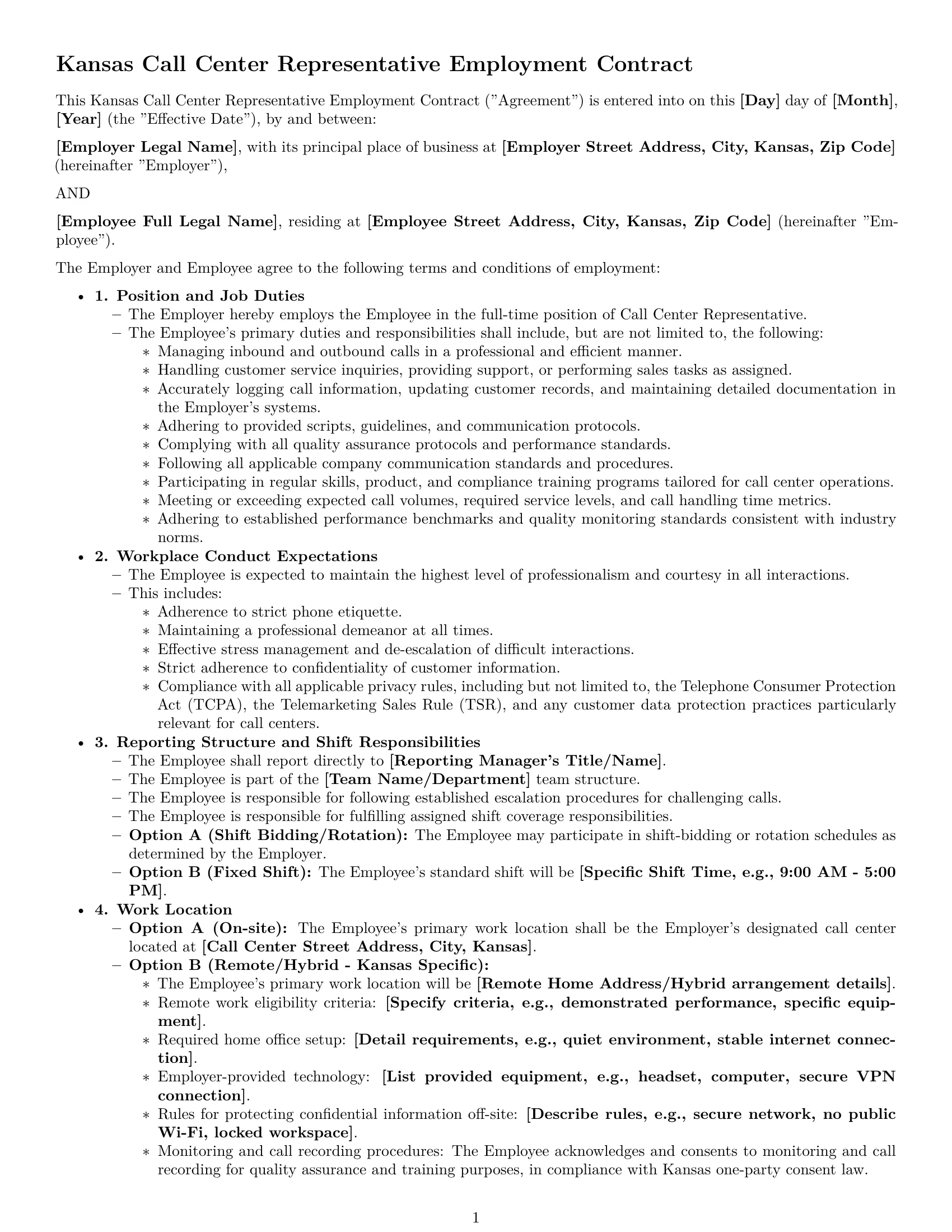 Preview page 1 of Pro Kansas call center representative employment contract template