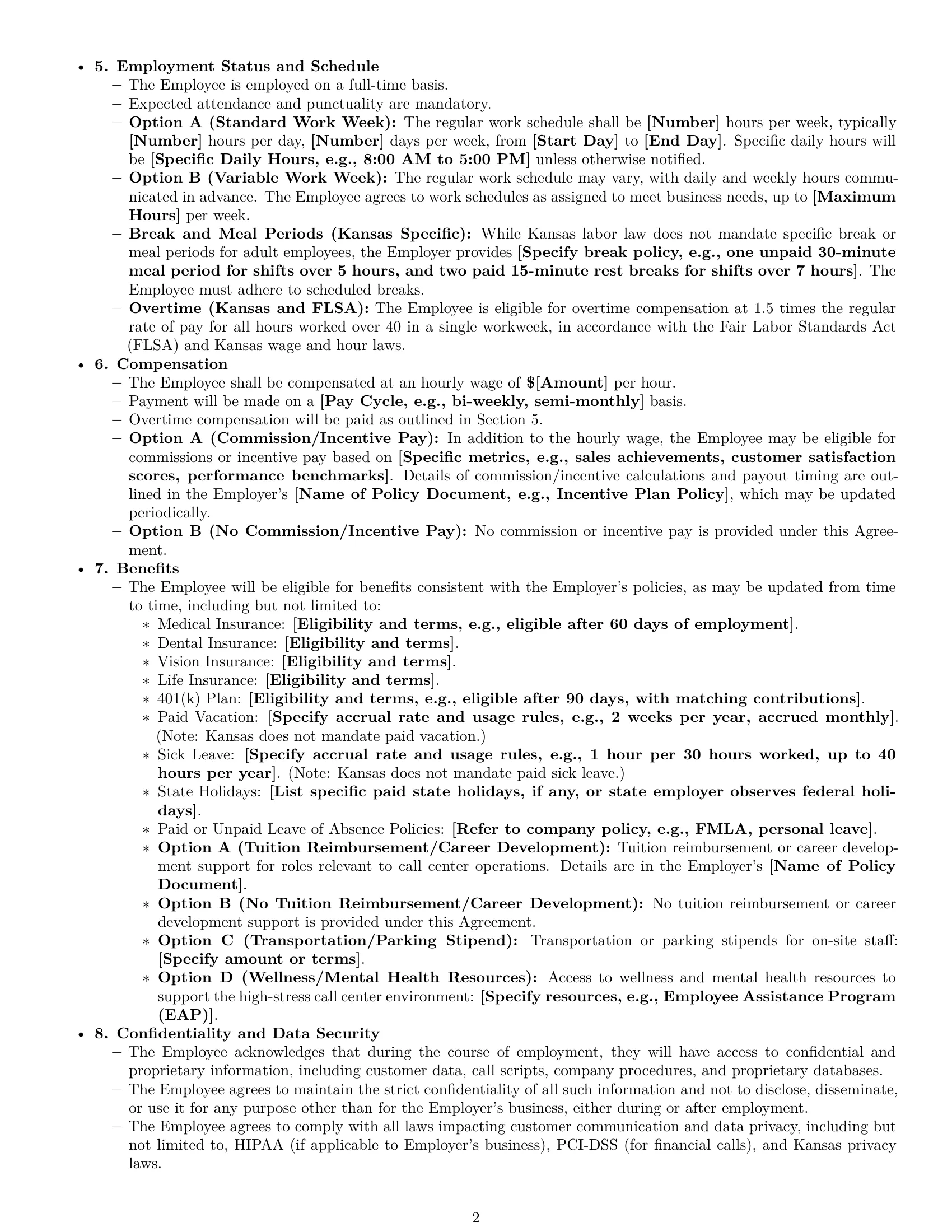 Preview page 2 of Pro Kansas call center representative employment contract template