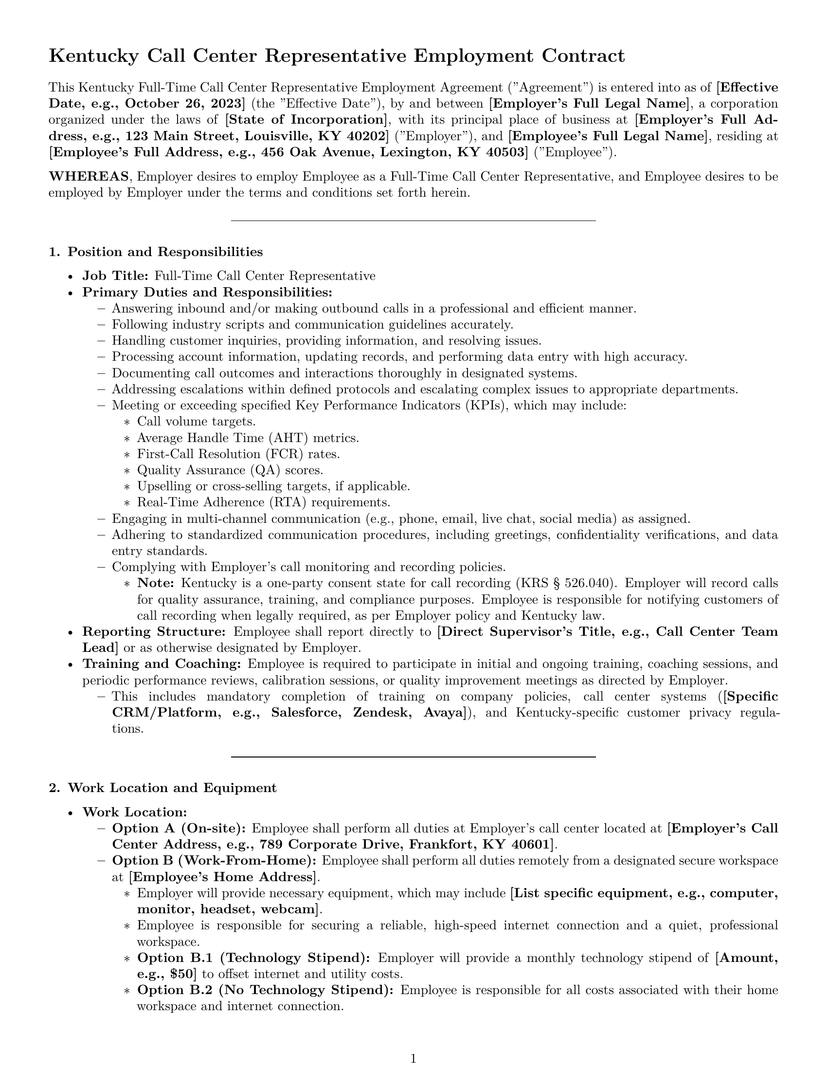 Preview page 1 of Pro Kentucky call center representative employment contract template