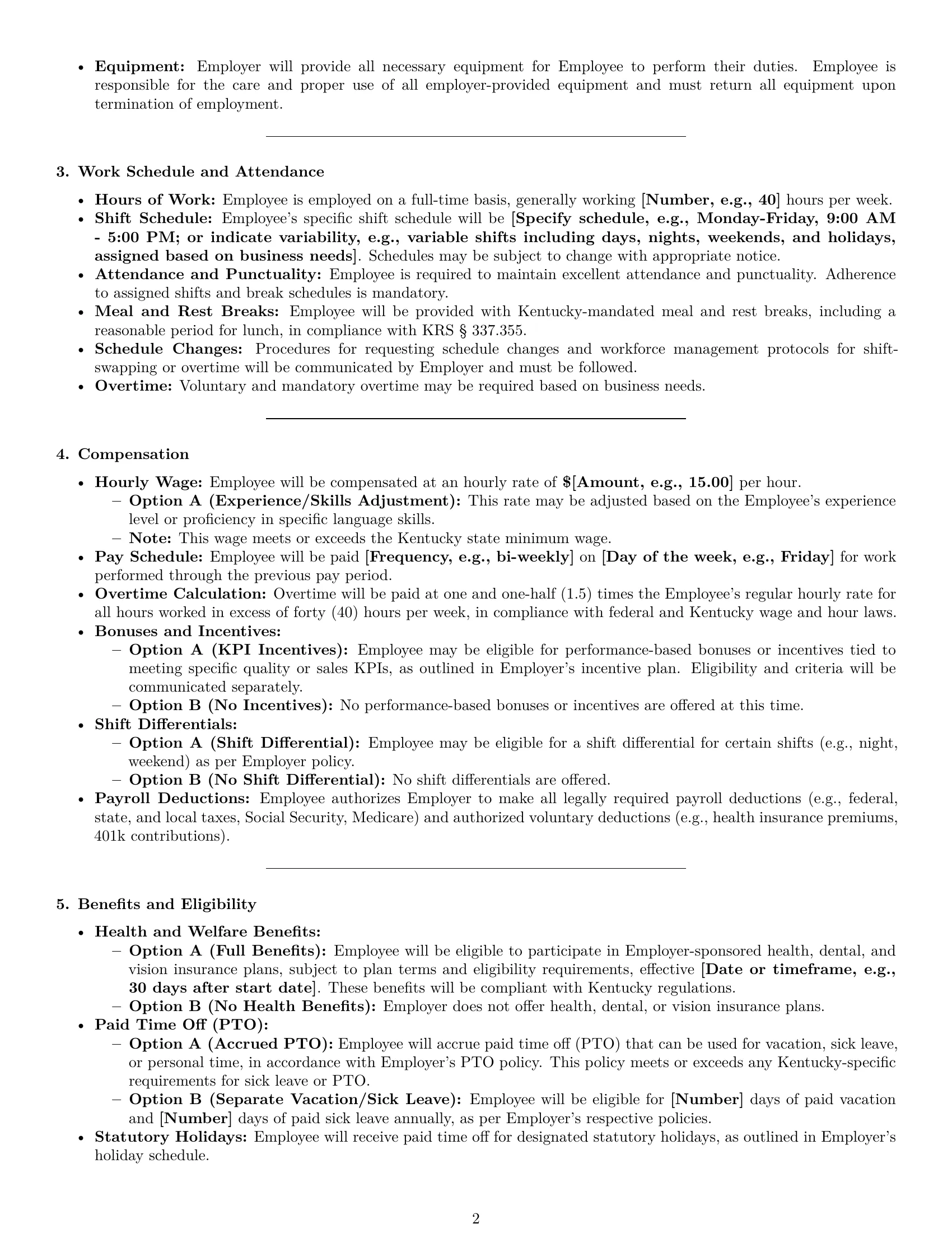 Preview page 2 of Pro Kentucky call center representative employment contract template