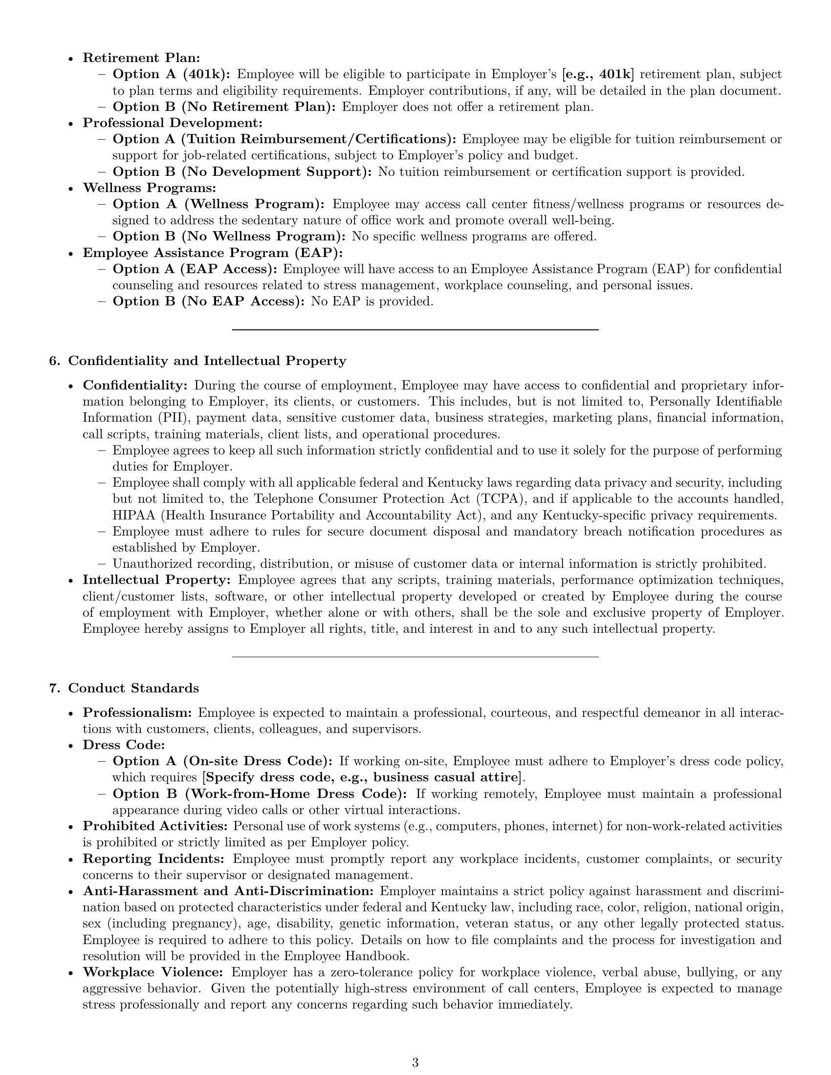 Preview page 3 of Pro Kentucky call center representative employment contract template