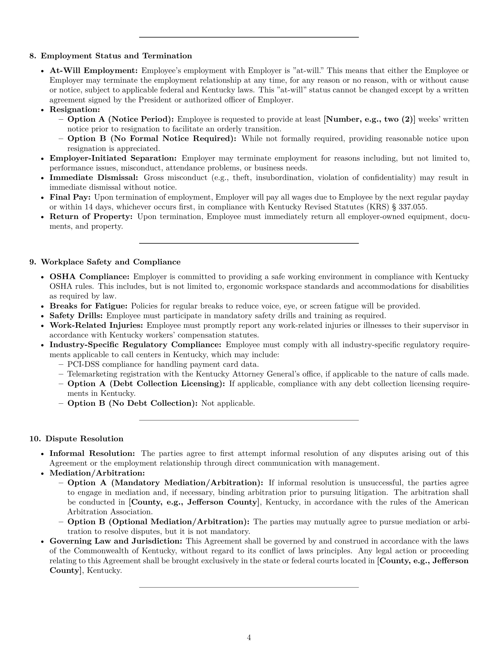 Preview page 4 of Pro Kentucky call center representative employment contract template