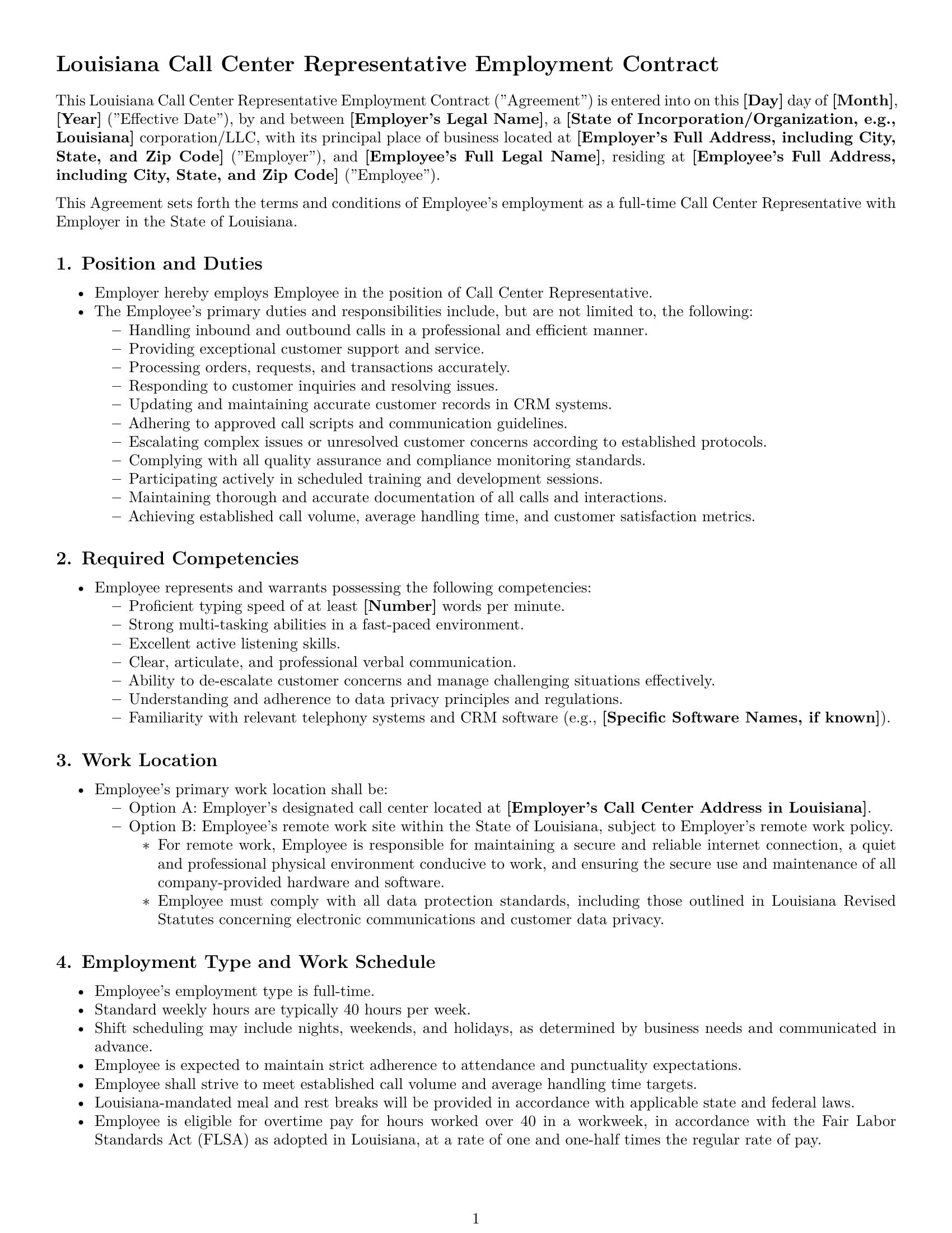 Preview page 1 of Pro Louisiana call center representative employment contract template