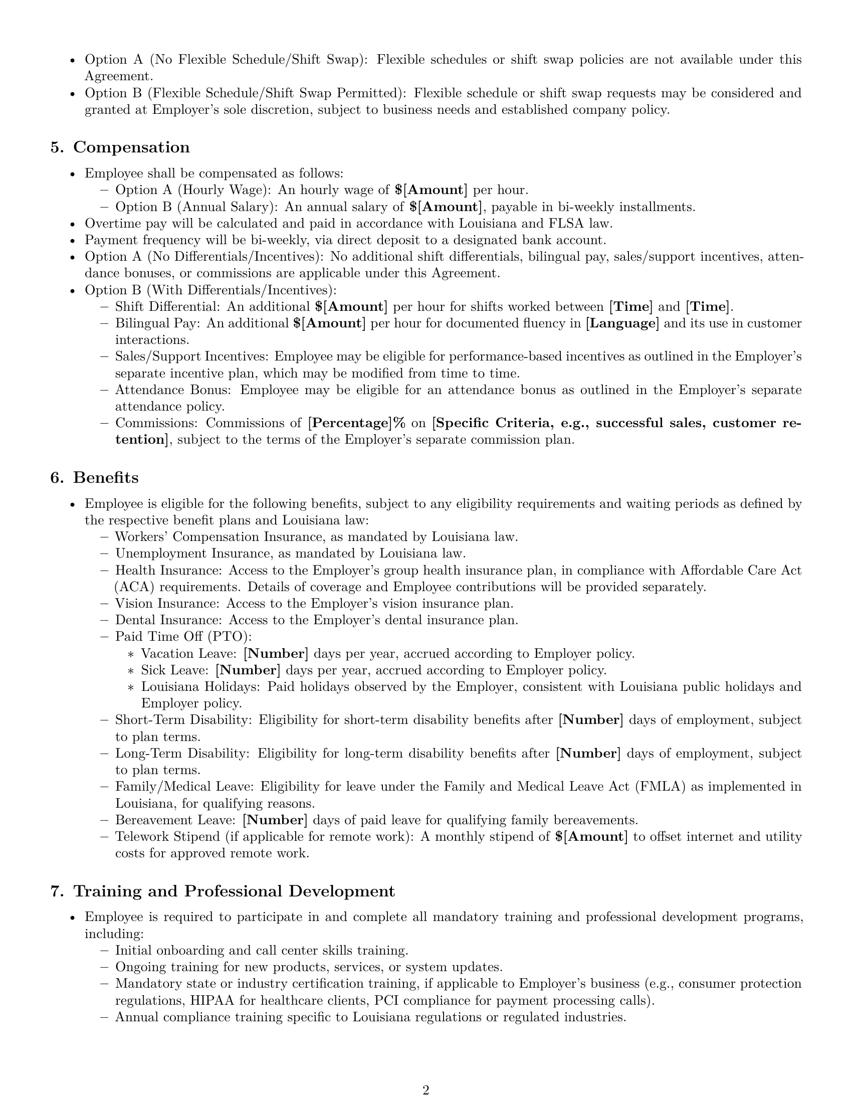 Preview page 2 of Pro Louisiana call center representative employment contract template