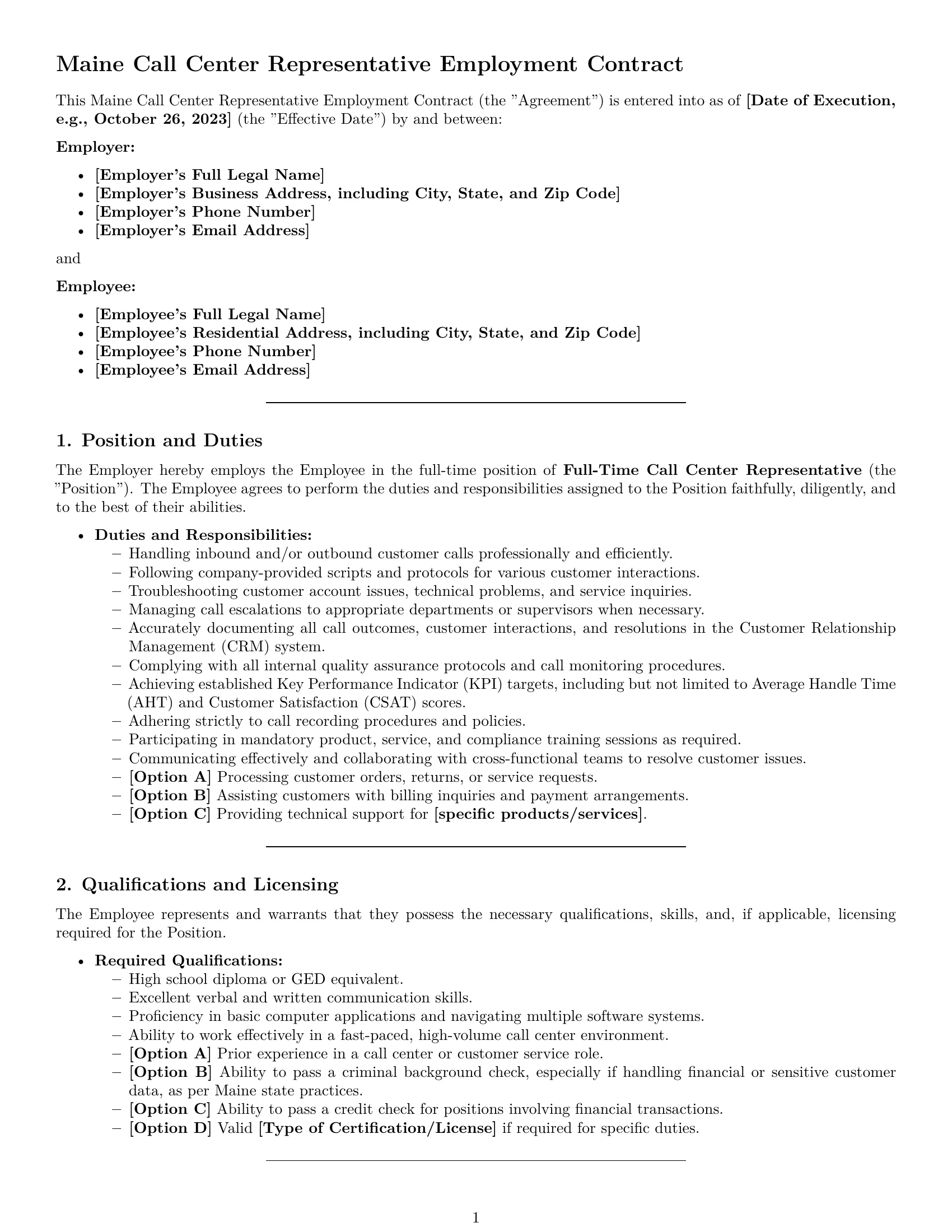 Preview page 1 of Pro Maine call center representative employment contract template