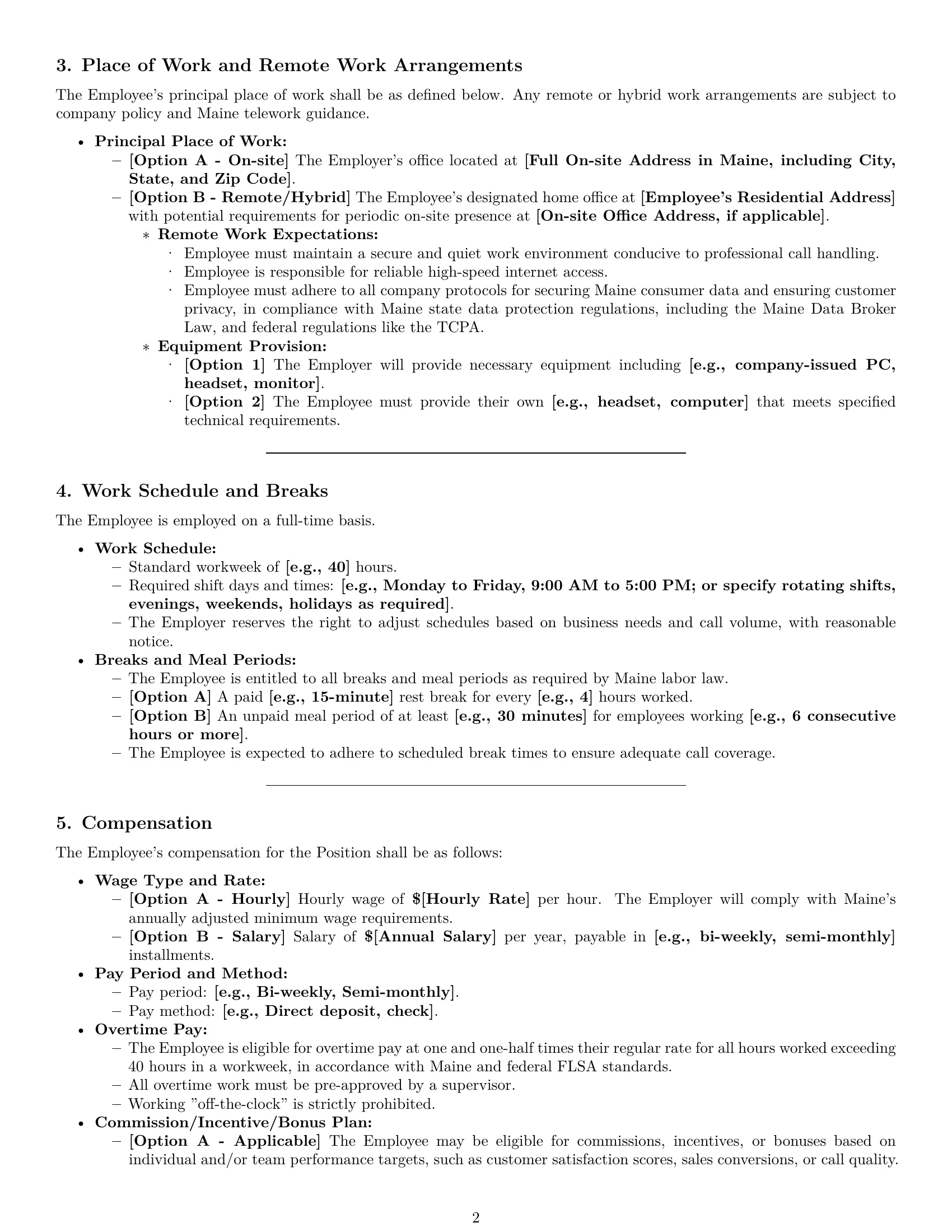 Preview page 2 of Pro Maine call center representative employment contract template