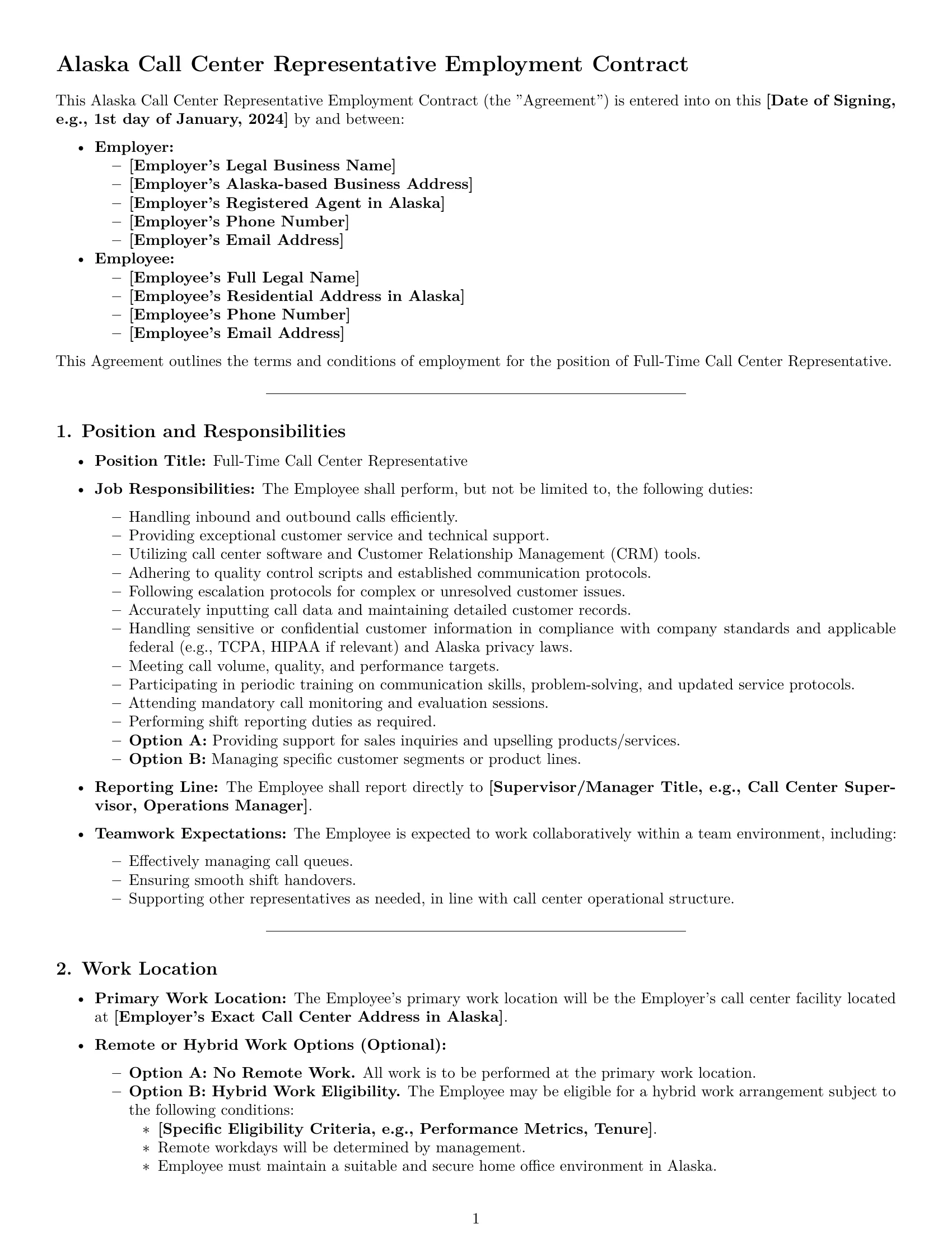 Preview page 1 of Pro Alaska call center representative employment contract template