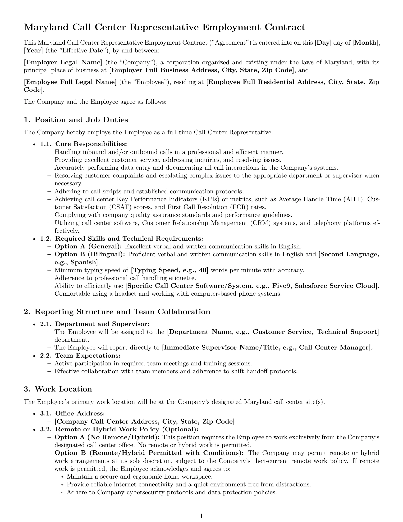 Preview page 1 of Pro Maryland call center representative employment contract template
