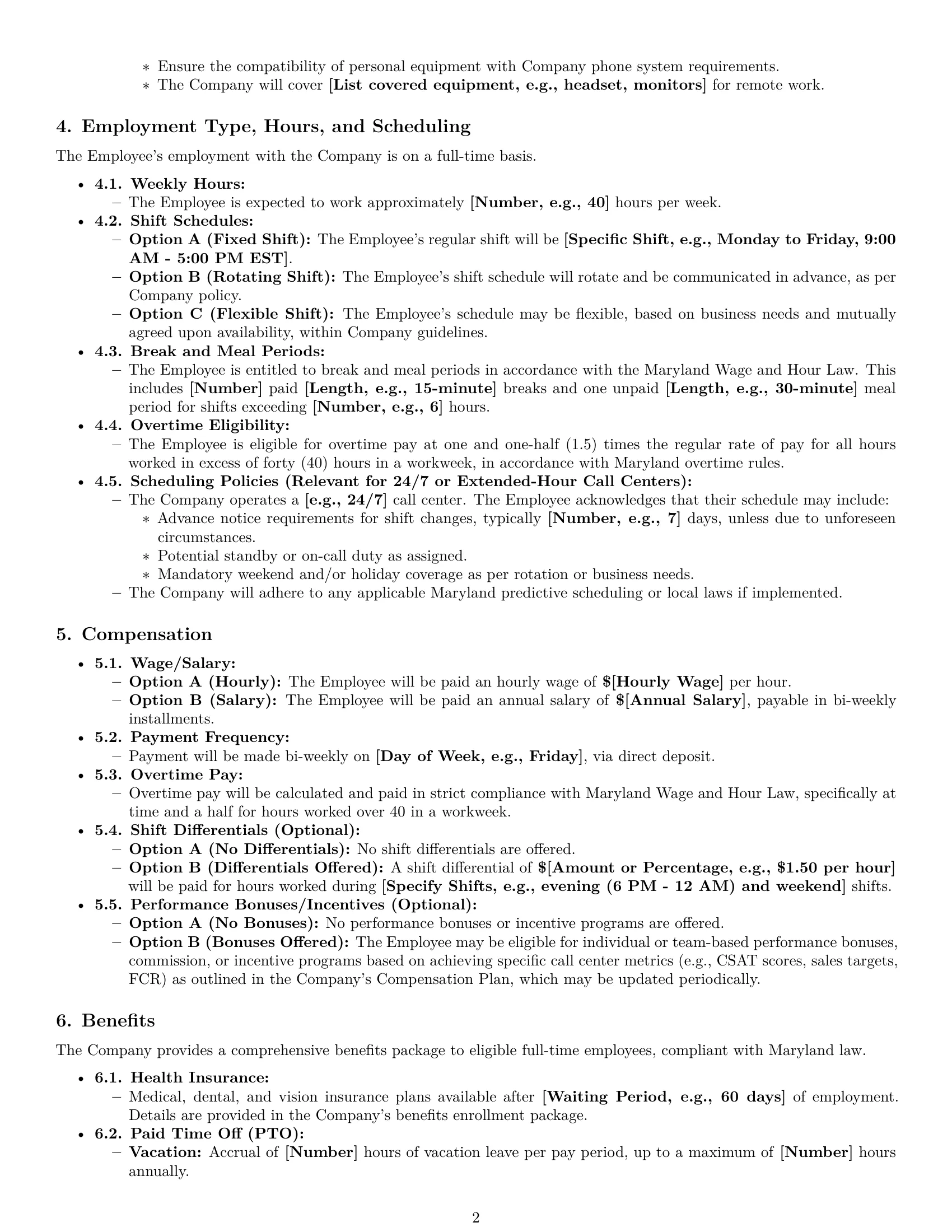 Preview page 2 of Pro Maryland call center representative employment contract template