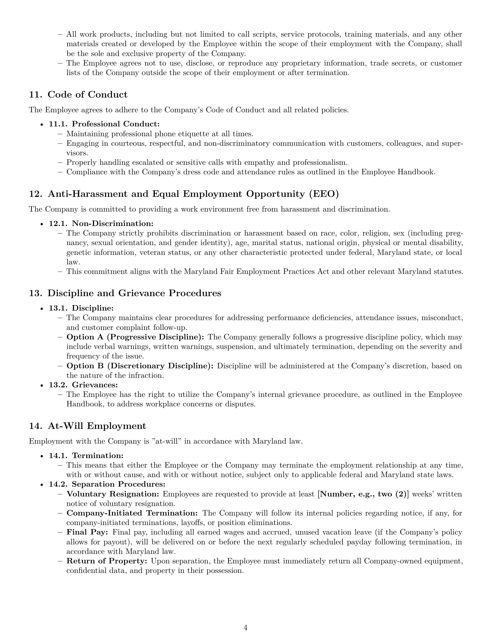 Preview page 4 of Pro Maryland call center representative employment contract template