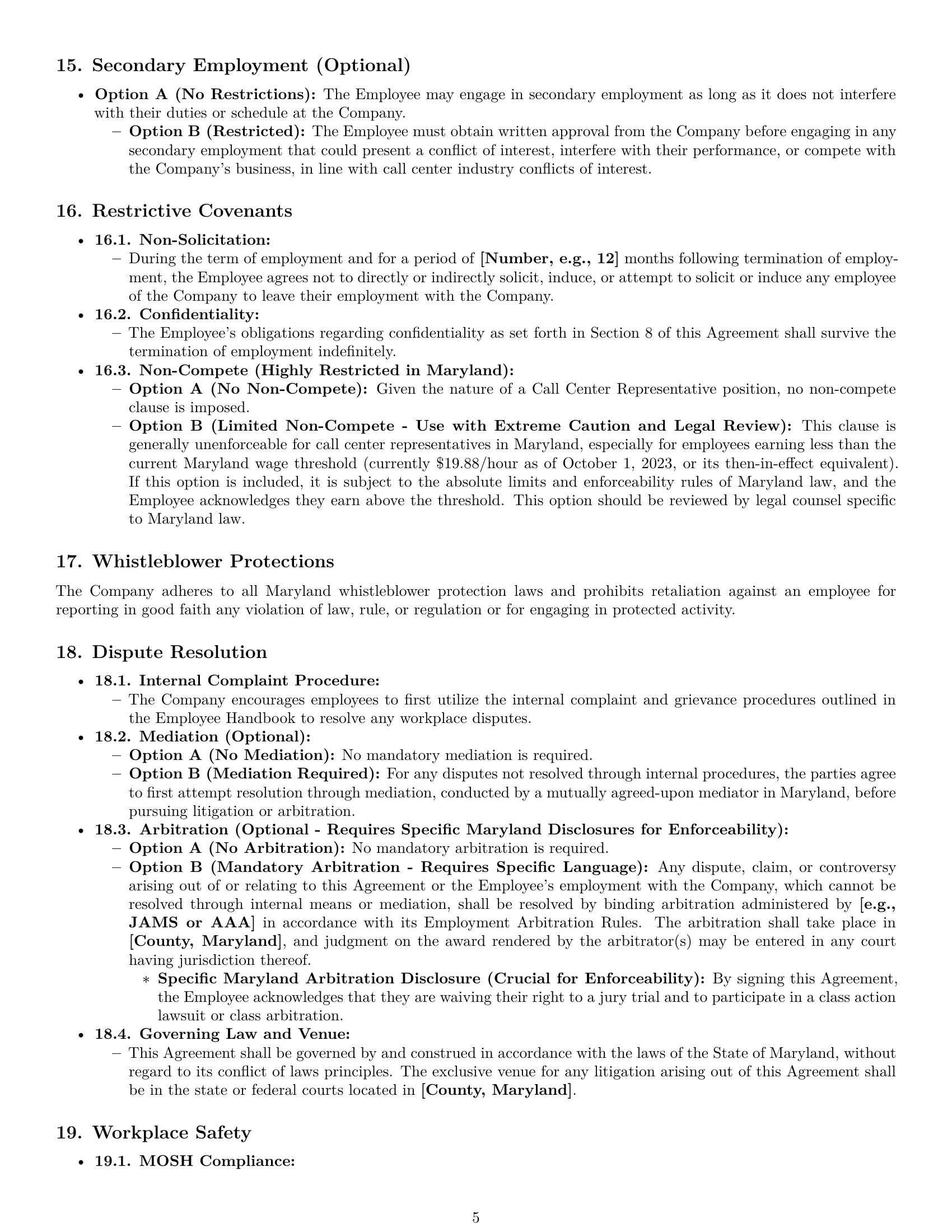 Preview page 5 of Pro Maryland call center representative employment contract template