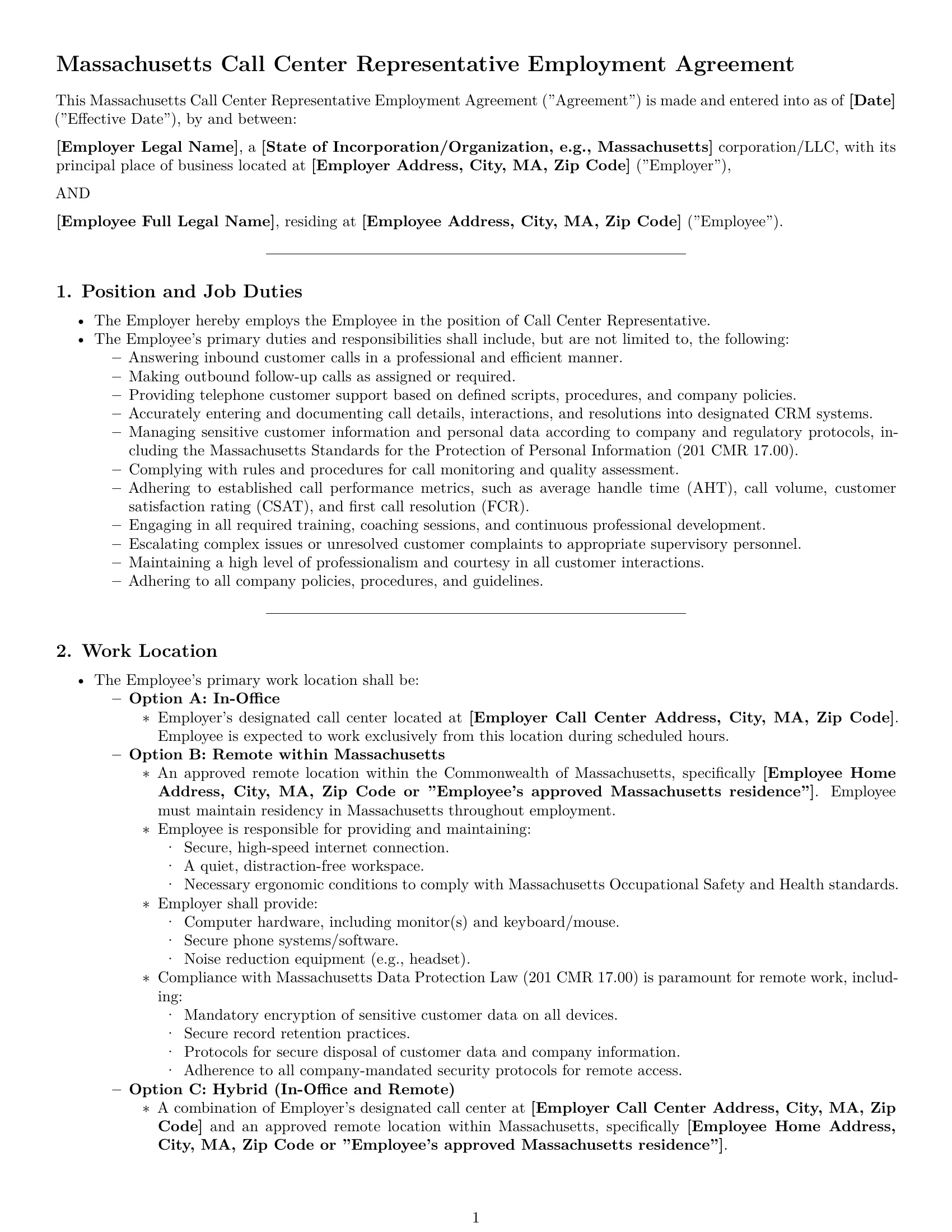Preview page 1 of Pro Massachusetts call center representative employment contract template