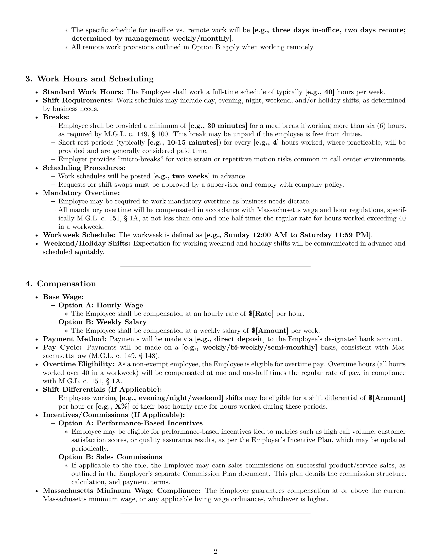 Preview page 2 of Pro Massachusetts call center representative employment contract template