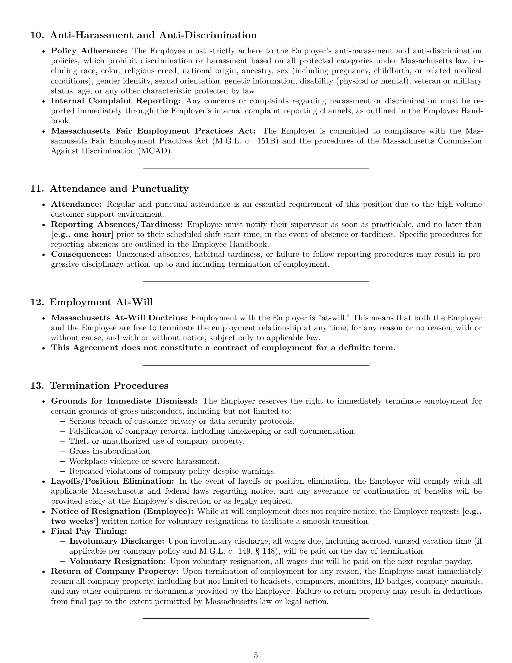 Preview page 5 of Pro Massachusetts call center representative employment contract template
