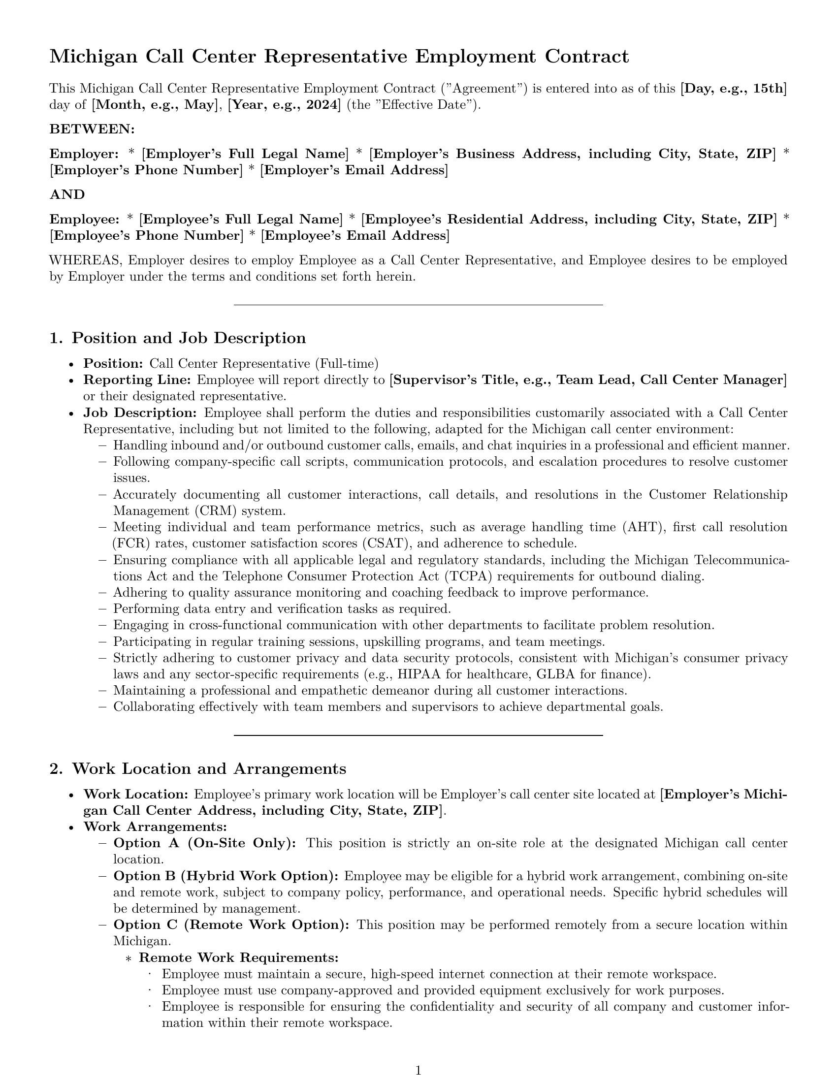 Preview page 1 of Pro Michigan call center representative employment contract template